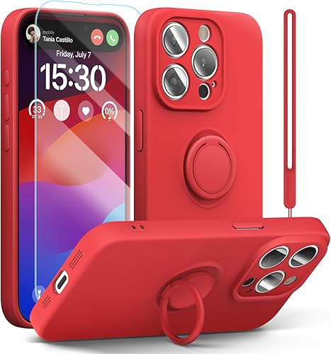 pcgaga Funda de silicona para iPhone 15 Pro Max con protector de pantalla soporte de anillo correa de muñeca forro de microfibra funda protectora