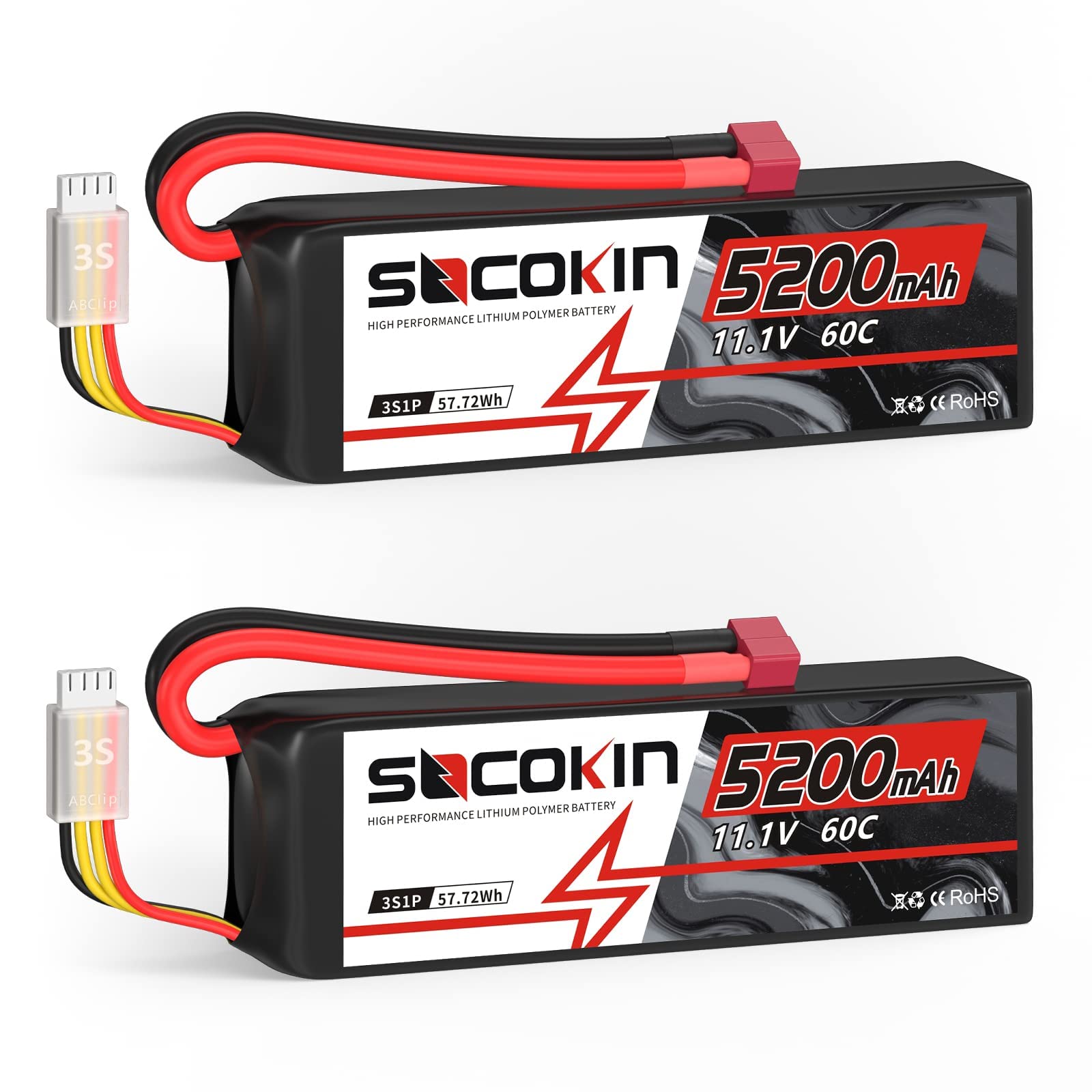 Socokin 11.1V 5200mAh Lipo Battery 3S with Deans T Plug Lipo Battery 60C for RC Car Model RC Racing Car Heli Airplane Quadcopter Helicopter Soft Case
