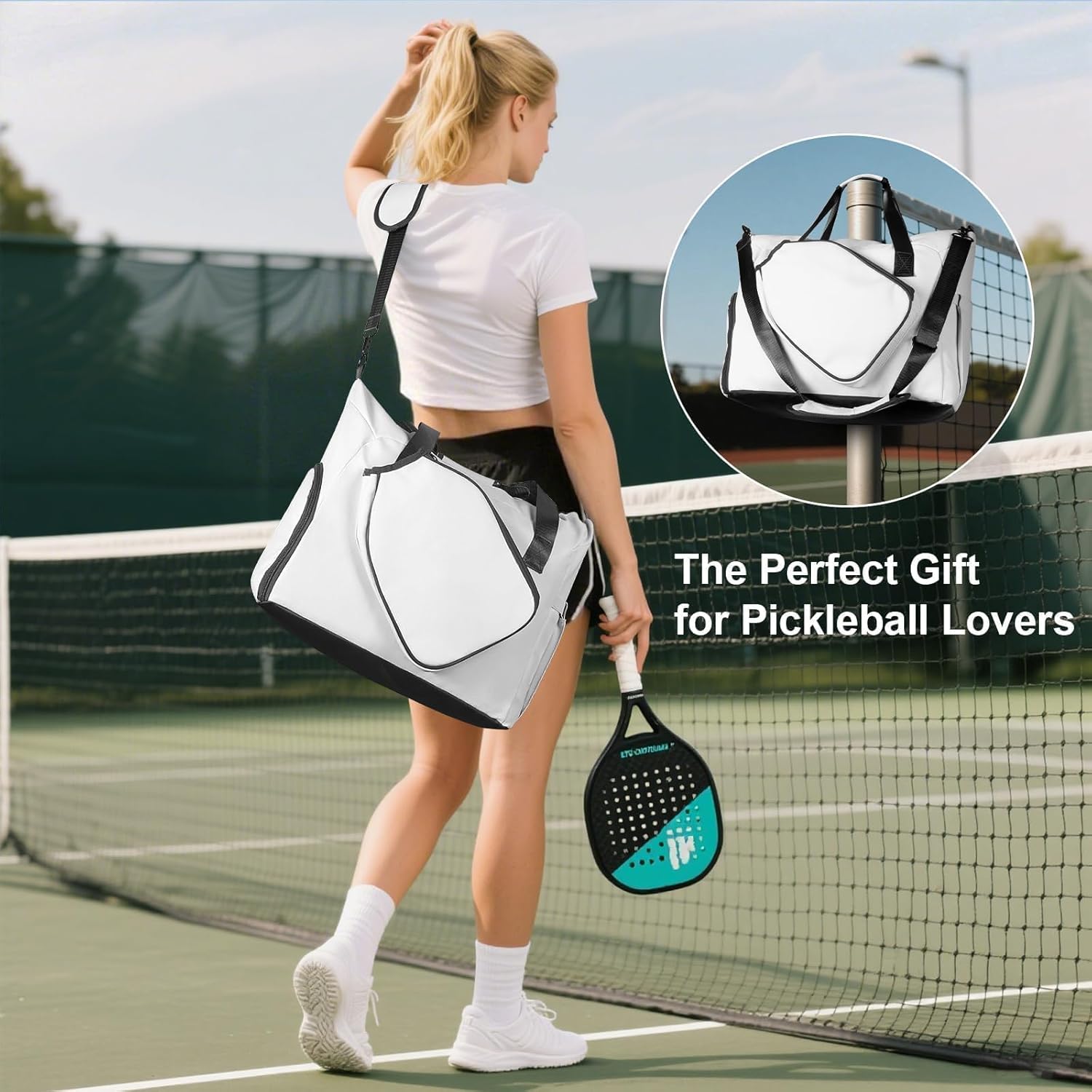 Pickleball Tote Bag with Shoe Compartment and Paddle Storage – Large Capacity Lightweight Pickleball Bag for Women & Men with Water Bottle Holder (White) - Image 7