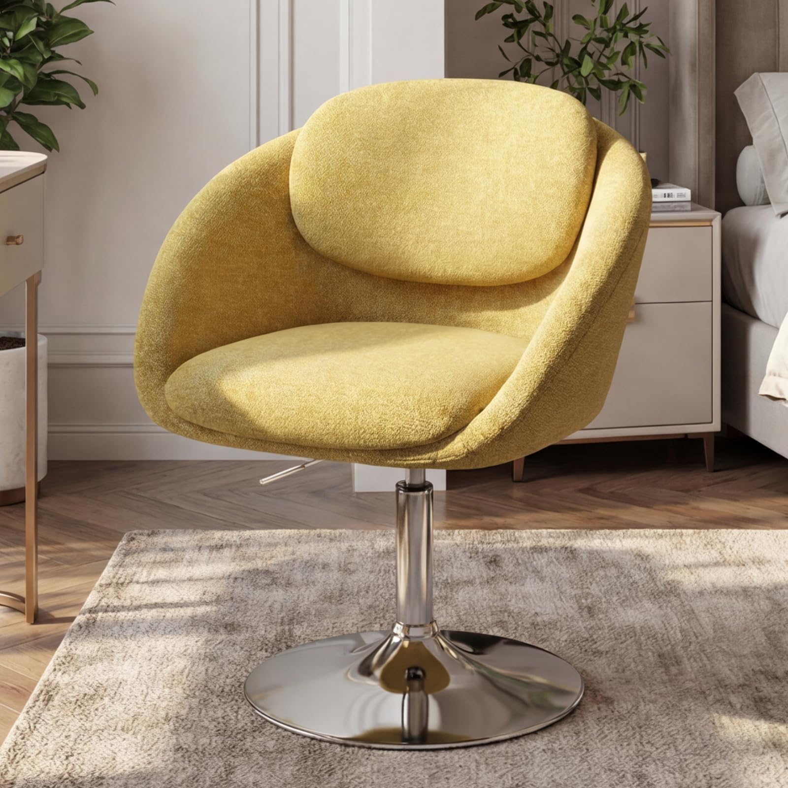 DAYALANE Modern 360° Swivel Accent Vanity Chair for Living Room, Chenille Upholstered Fabric Dressing Table Chair, Height Adjustable Cuddle Round Bedroom Tub Armchair for Make Up Small Space, Yellow