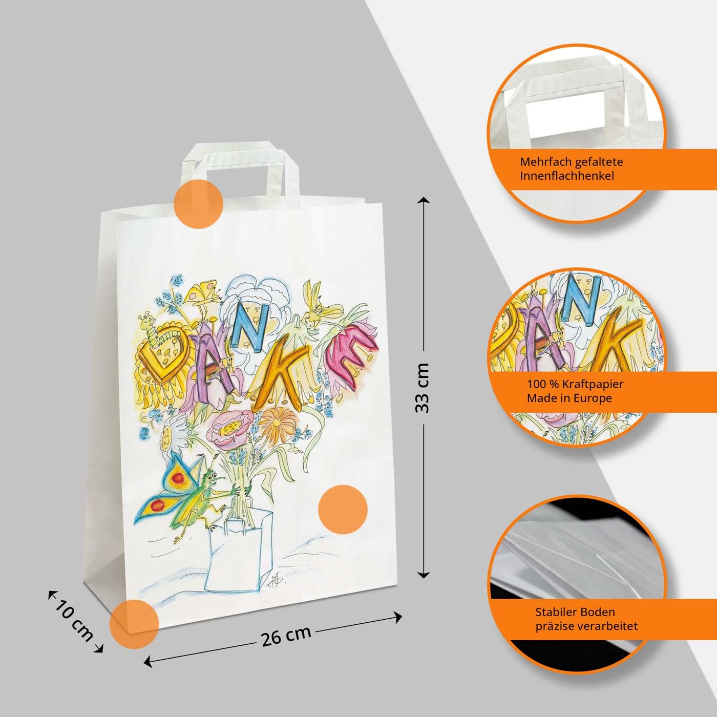 250 x Papiertüten 26+10x33 cm mit Motiv: Danke | stabile Geschenktaschen für Handel, Mitbringsel, Geburtstag | Papiertaschen aus Kraftpapier| HUTNER