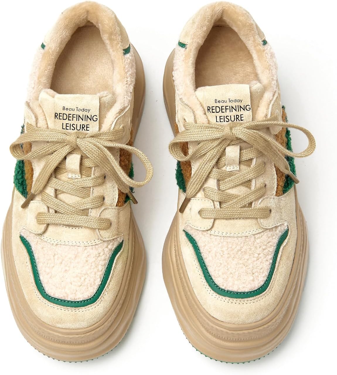 BEAU TODAY Fur Lined Winter Sneakers for Women, Womens Chunky Platform Warm Sneakers, Comfortable Suede Snow Lace-up Non-Slip Round Toe Casual Snow Walking Tennis Shoes