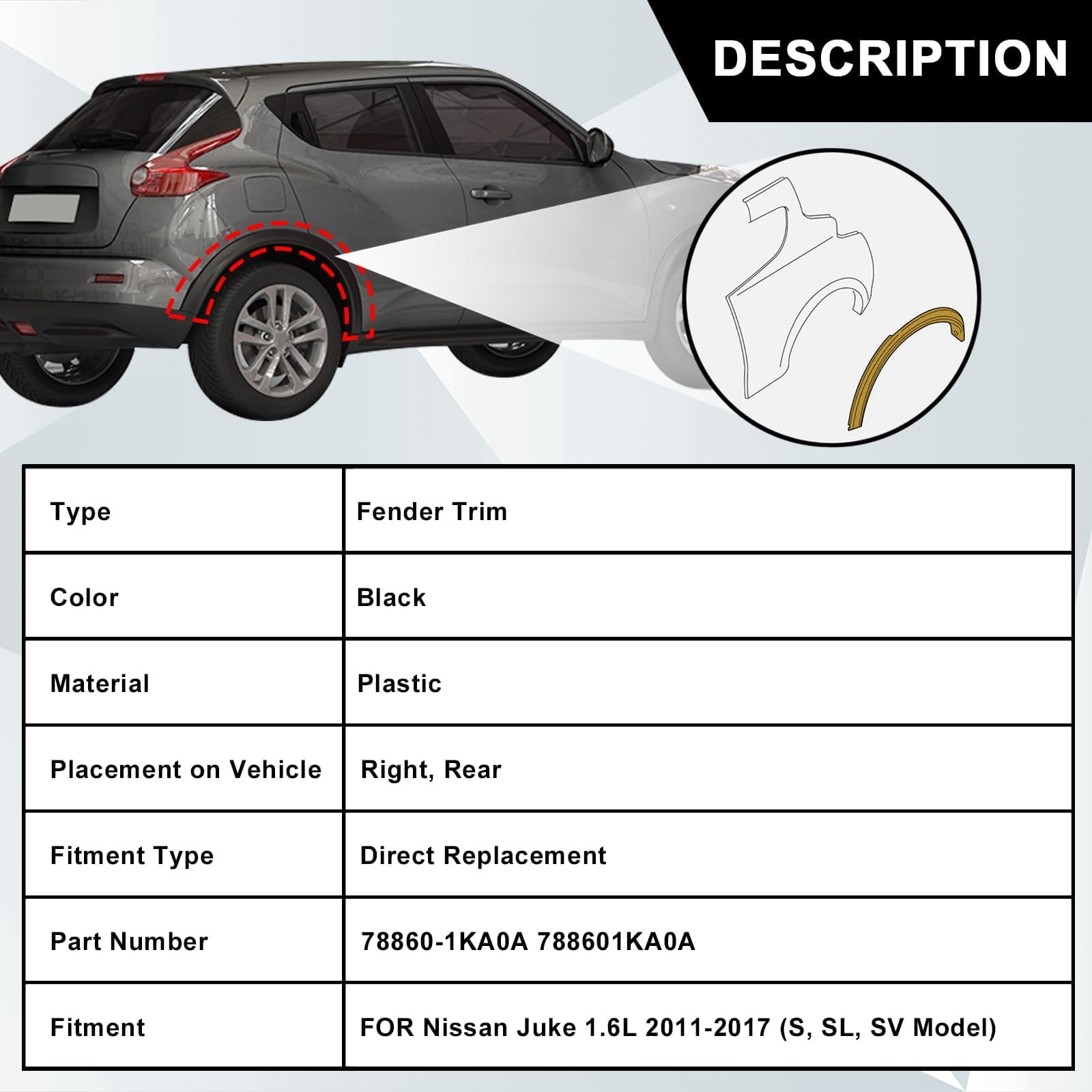 SecosAutoparts Fender Molding Trim, Rear Passenger, Fit for Nissan SecosAutoparts Fender Molding Trim, Rear Passenger, Fit for Nissan