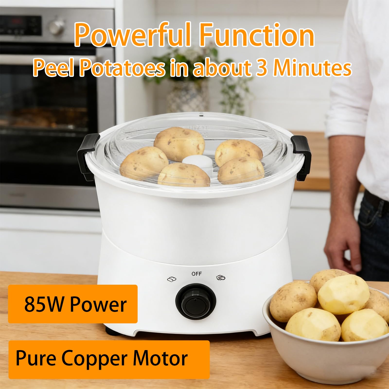 Pelador de patatas eléctrico, capacidad de 800 g, máquina giratoria peladora automática con accionamiento de un solo botón, función de deshidratador de verduras y bloqueo de seguridad B