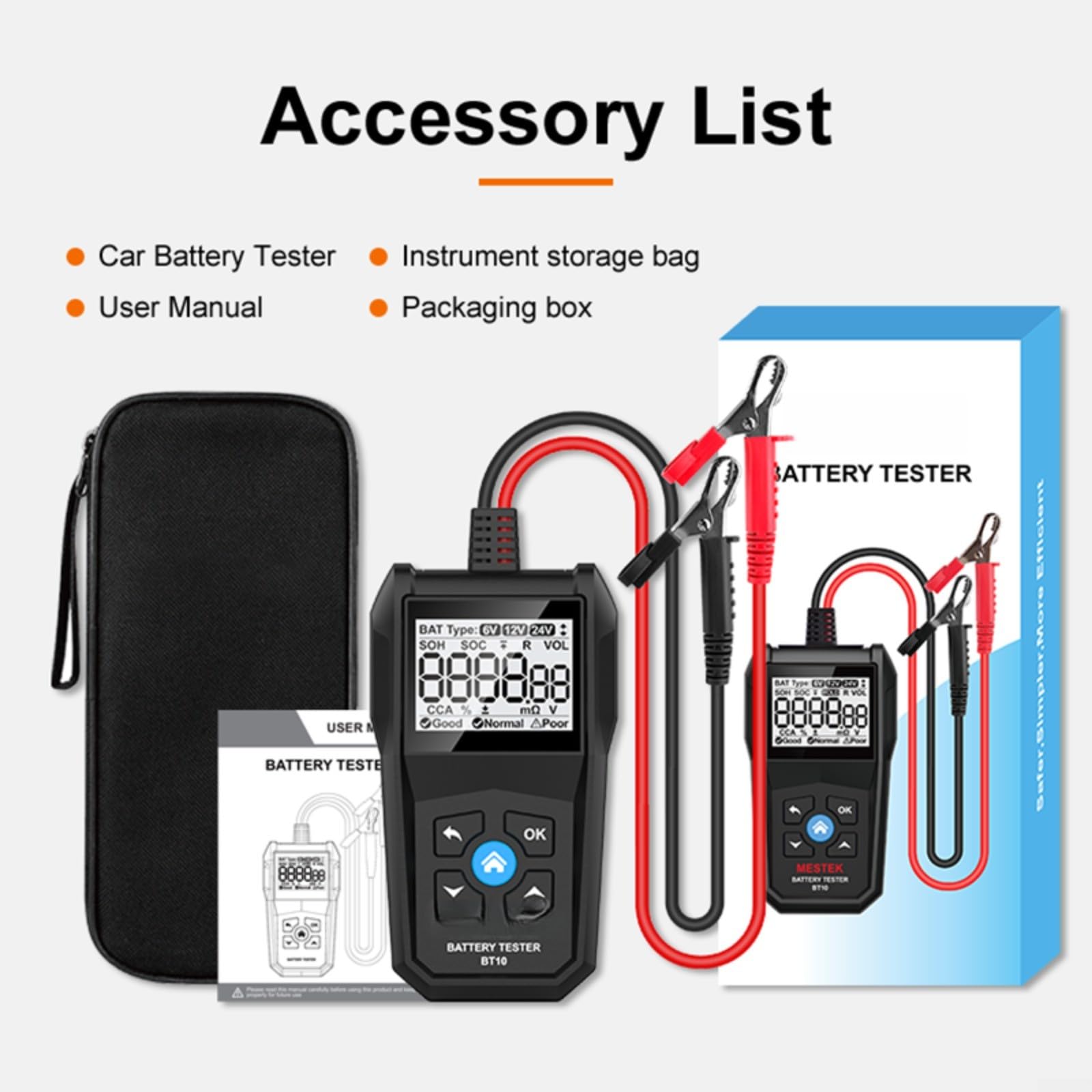 BT10 Comprobador de batería para batería de coche de 6 V, 12 V y 24 V, dispositivo de diagnóstico con pantalla LCD, comprueba el voltaje de la resistencia interna CCA SOC SOH, analizador de
