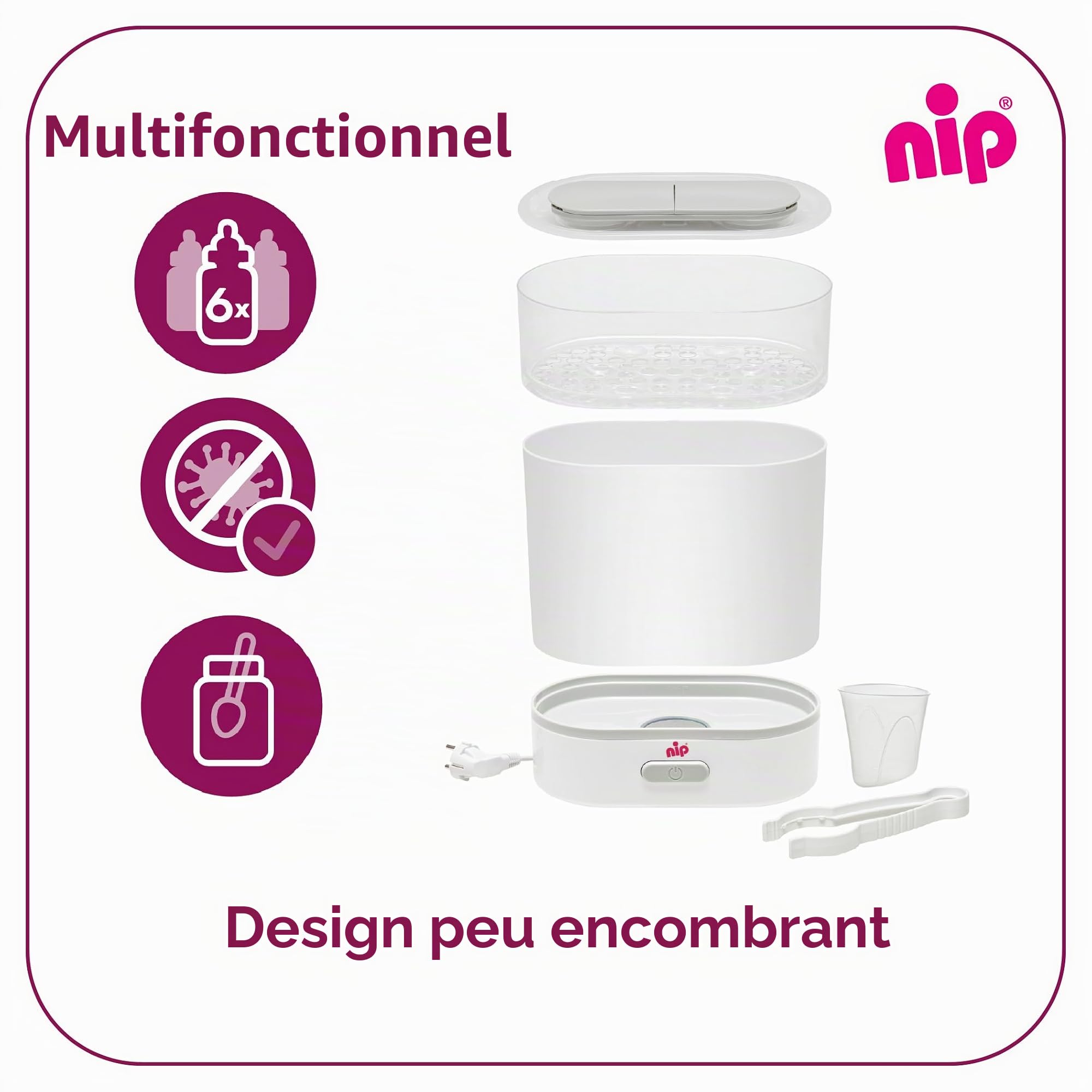NIP Stérilisateur biberons : vaporisateur pour jusqu'à 6 biberons, tétines + accessoires, stérilisation rapide et sûre à la vapeur en seulement 9 minutes, avec arrêt automatique, blanc