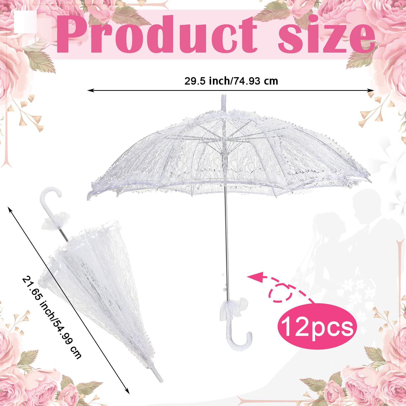 Amylove 12 Stück weiße Spitze Sonnenschirm Regenschirm Bulk Hochzeit Regenschirm für Brautjungfern und Braut Blume Foto Requisite Vintage Dekoration Damenkostüm 1920er Jahre Party und Teeparty