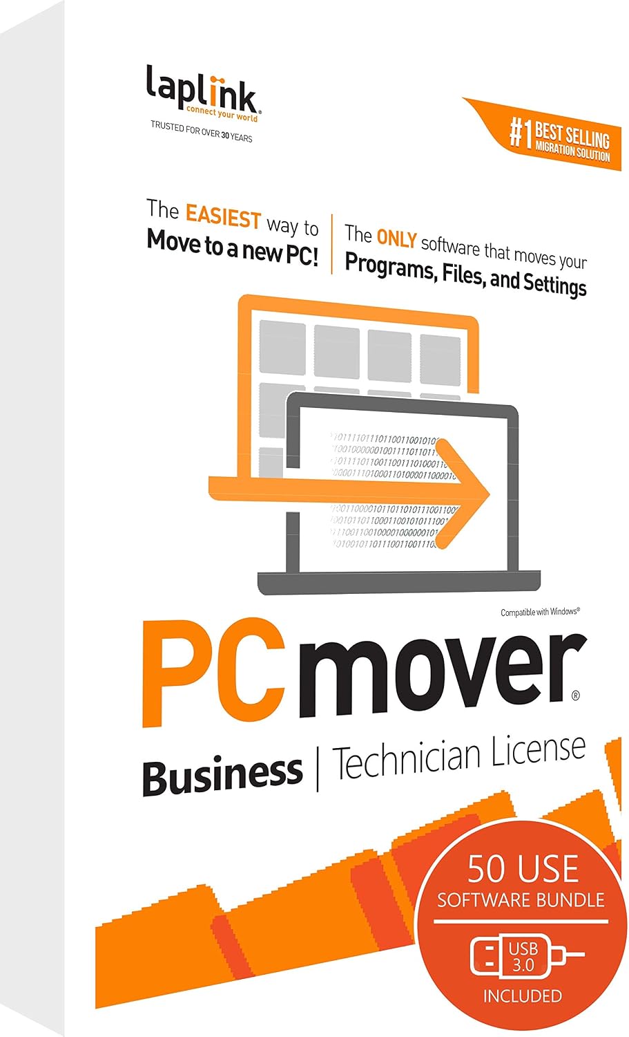 Laplink PCmover Migration Software - Initial Pay-Per-Use License Fee - Monthly invoicing for additional uses - $19.95/license with Super Speed USB 3.0 cable - Business Technician, 50 Licenses