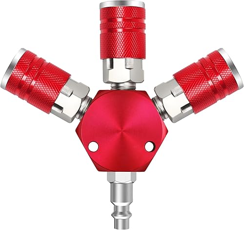 Miniatura 1 de Ufixed Divisor de manguera de aire de 3 vías no óxido Acoplador 14 NPT rojo, divisor de compresor de aire a prueba de fugas múltiple colector de