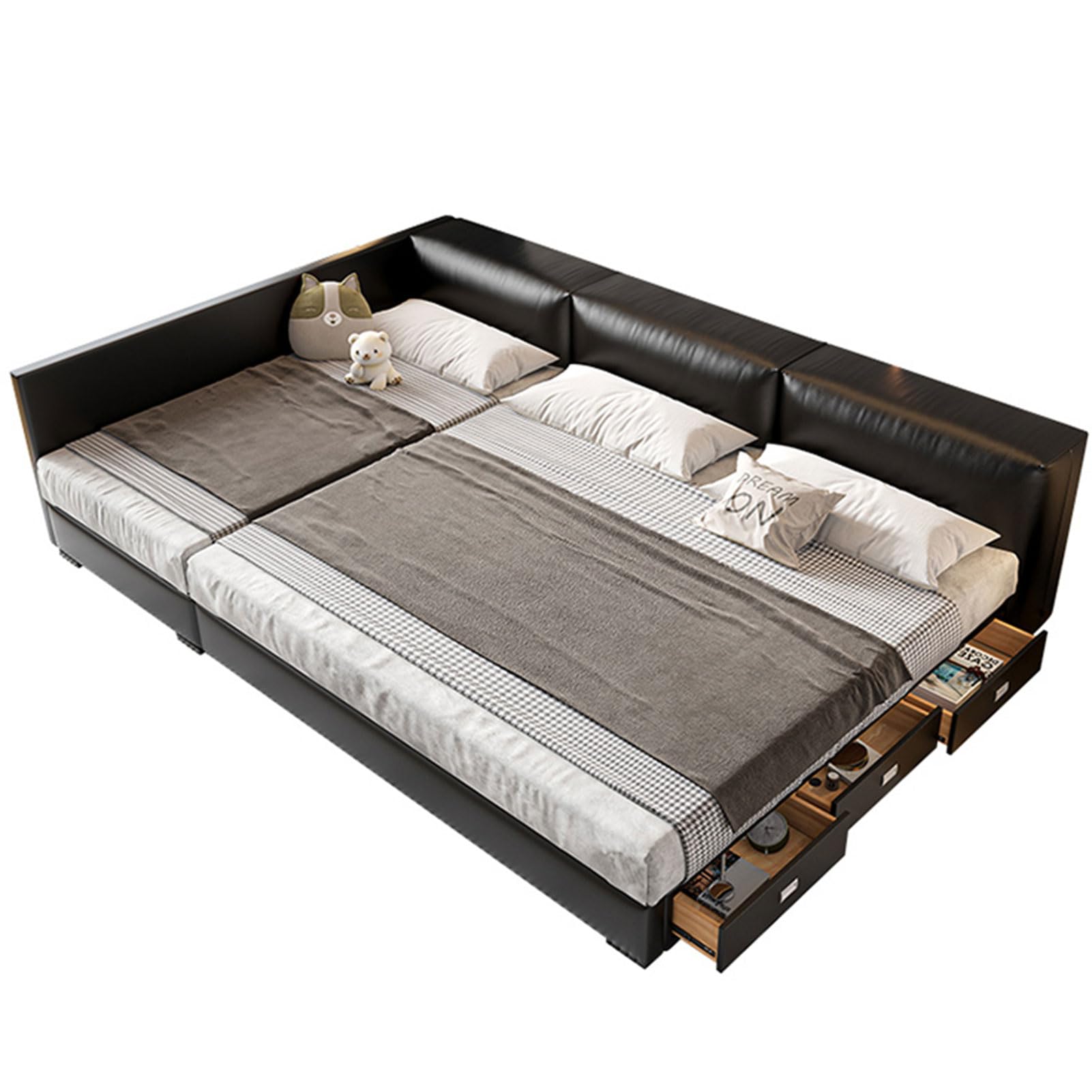 Modern Leather Queen Size Platform Bed with Heavy Duty Wooden Slat Support King Size Upholstered Platform Bed Frame