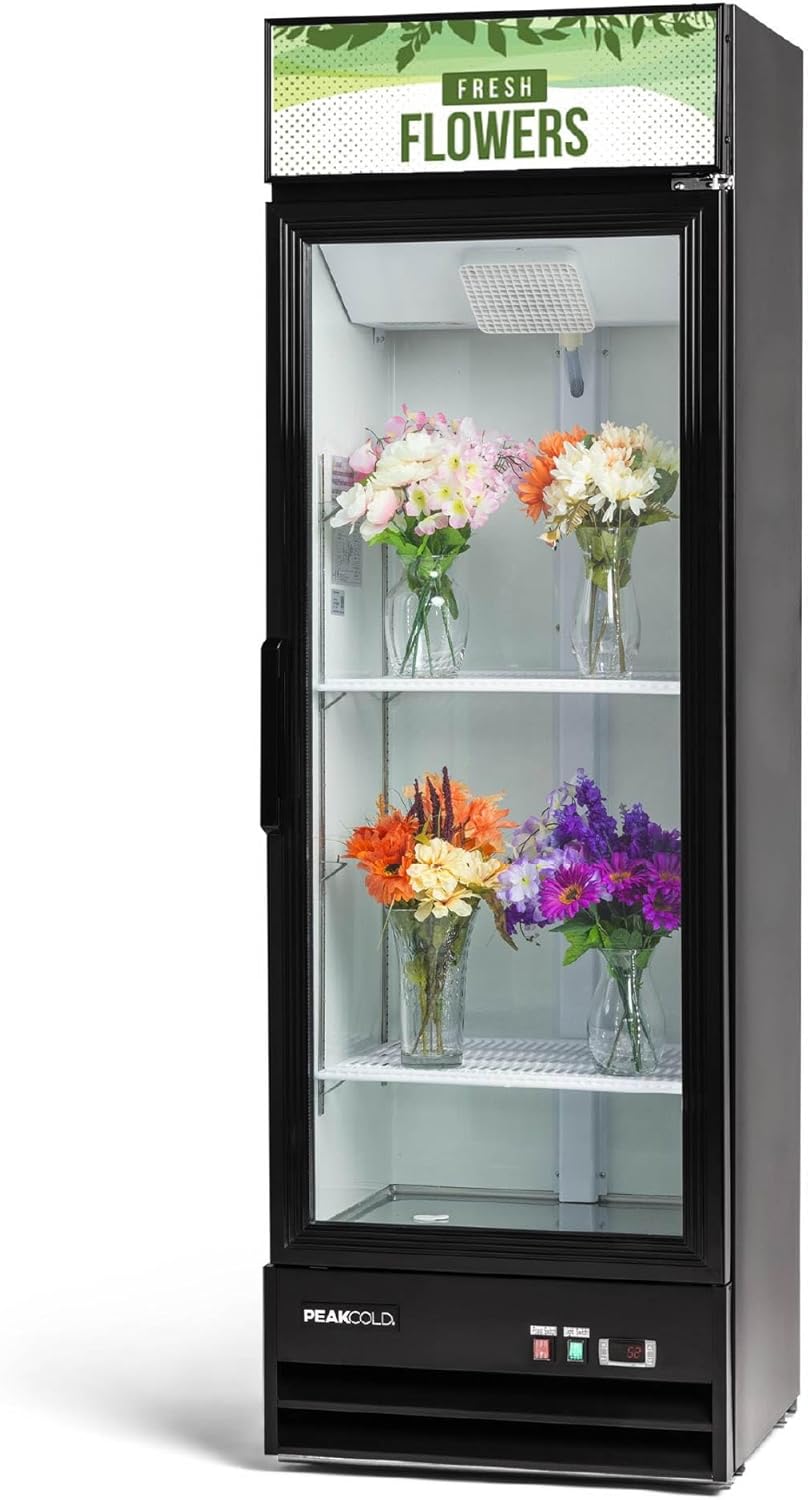PEAKCOLD 1-Door Floral Cooler - 14 Cubic Ft, 25.6" Wide, Energy Efficient Flower Fridge With Glass Door, Illuminated Sign, White Interior & White LED Lighting - Black Flower Refrigerator