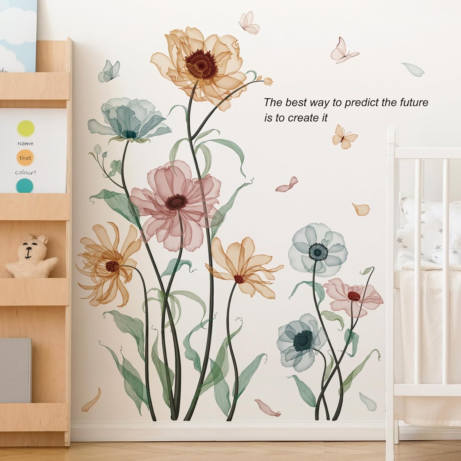 Boho Flower Wall Decals for Girls Poppy Peony Flower Plants Wall Stickers Peel and Stick Vintage Floral Wall Murals Art for Bedroom Living Room Nursery Classroom Wall Decor 69011-YG-A