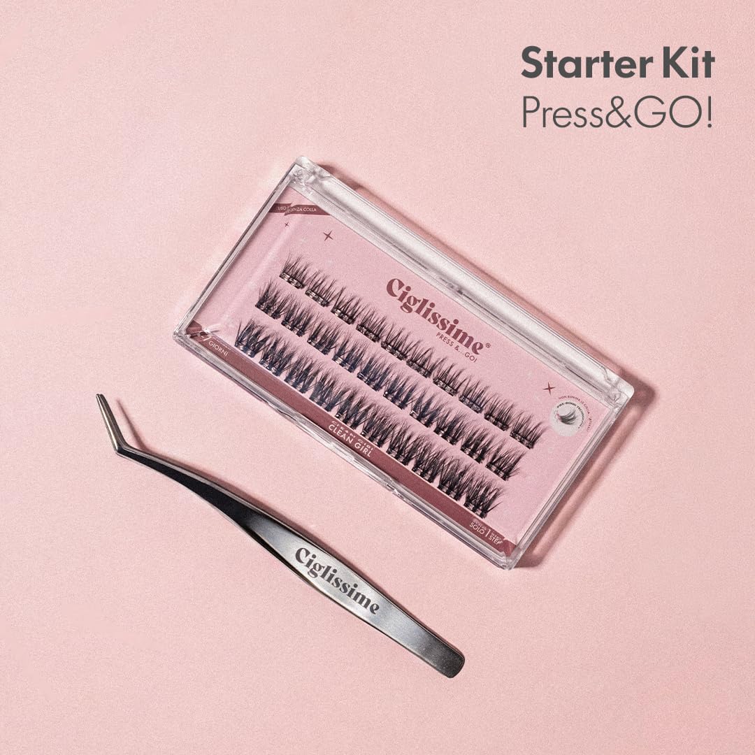 CLEAN GIRL Press&Go - Starter Kit Extension Ciglia + Pinzetta | Kit Ciuffetti Ciglia Finte Senza Colla 3D Vegan, Dermatologicamente Testate - Effetto No Make-up - Resistenti all'Acqua