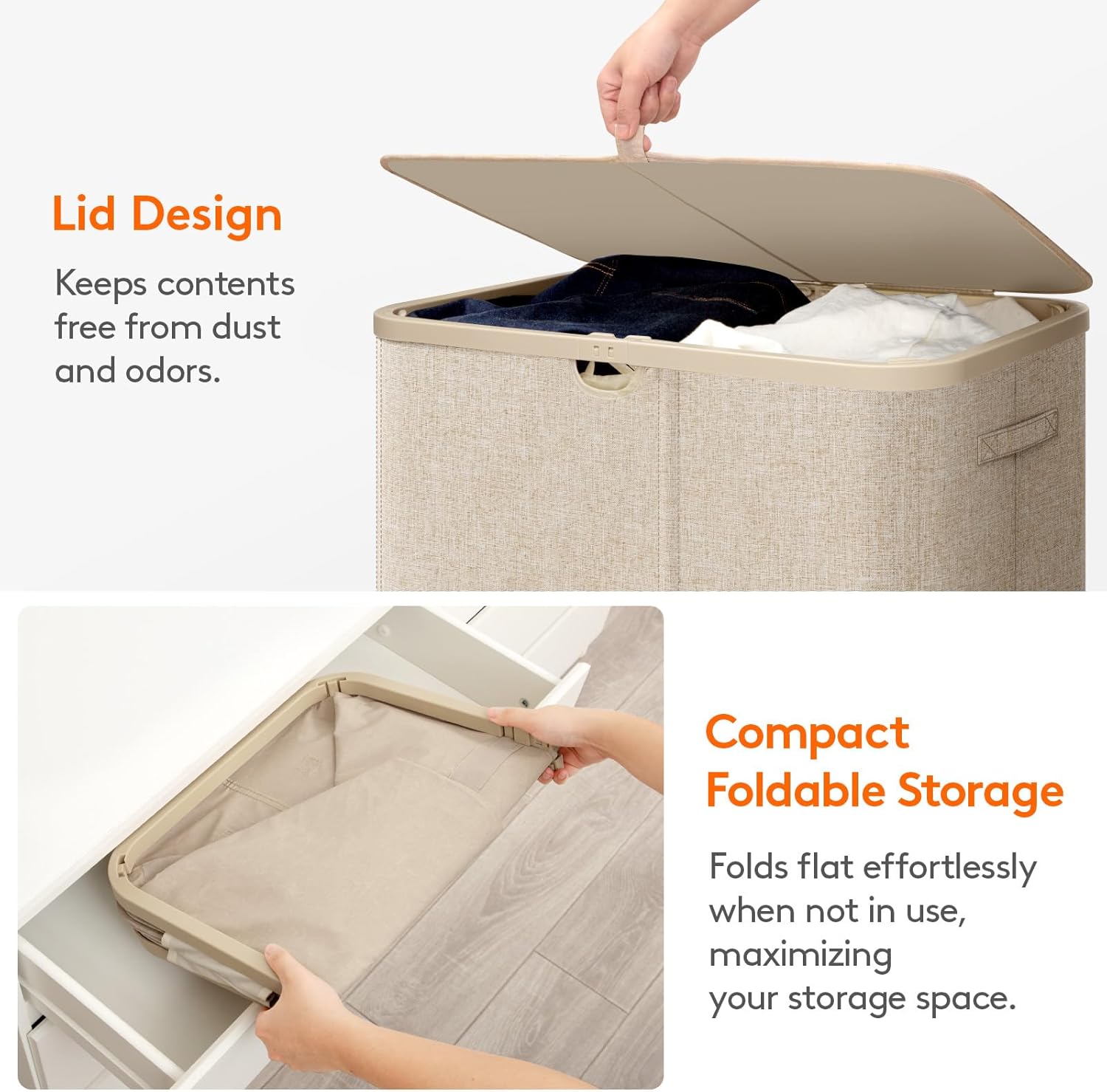 Lifewit 145L Large Laundry Basket with Lid, Laundry Hamper with Plastic Handles and Removable Bag, Foldable Tall Dirty Clothes Hampers for Laundry for Laundry Room, Bedroom, Bathroom, Dorm, Beige