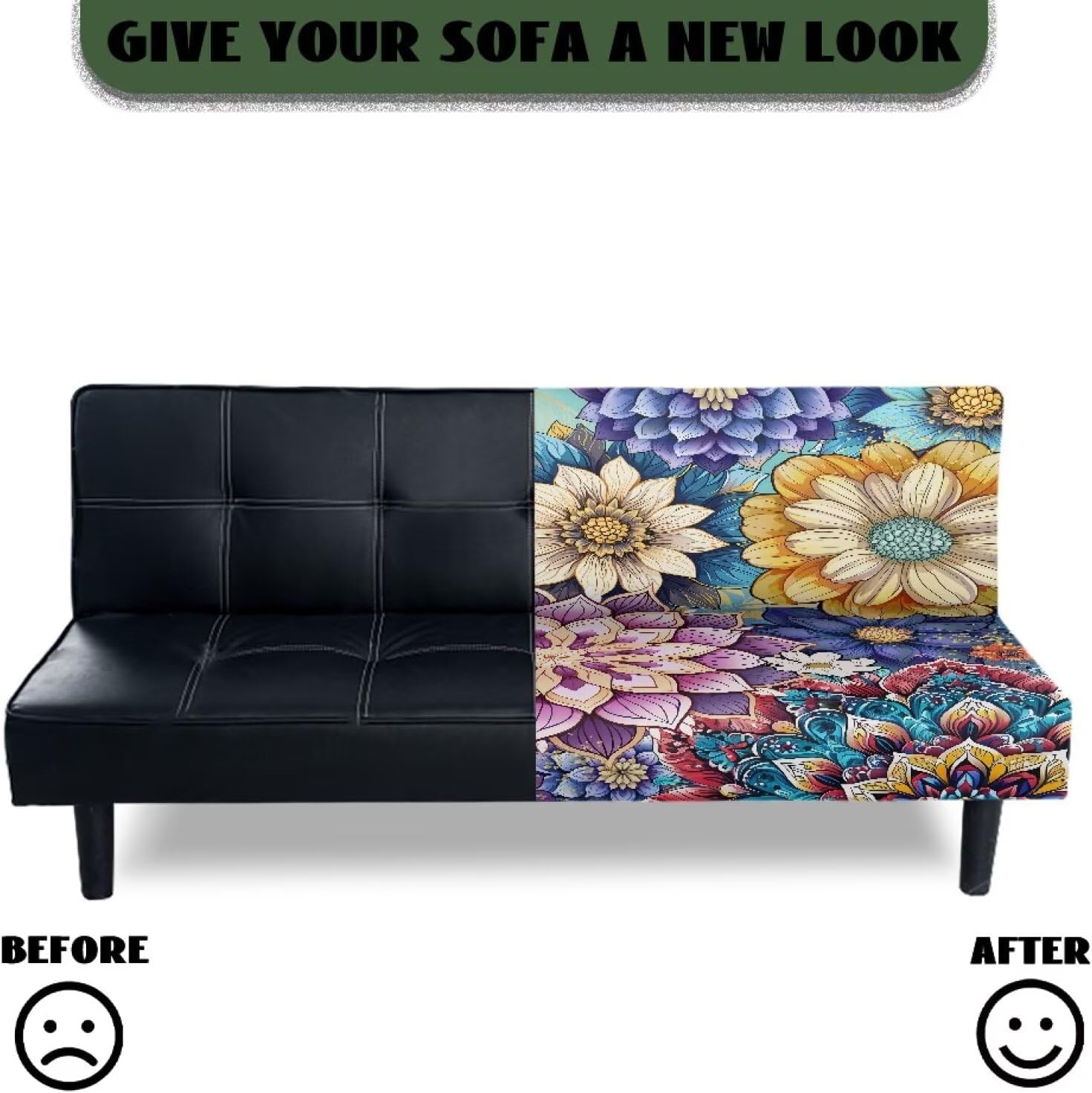 Boho Flower Stretchable Armless Futon Cover Well Fitted Futon Slipcover Full Queen Size Non-Slip Futon Sofa Bed Cover Furniture Protector Home Decor