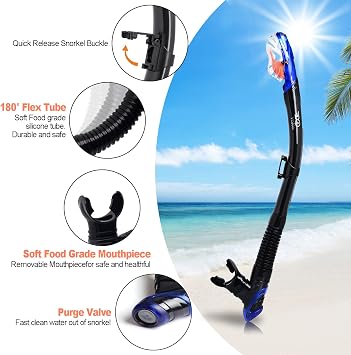Dry Snorkel Set, Pano 3 Window Snorkel Mask, Anti-Fog Scuba Diving Goggles and Snorkel, Professional Adult Snorkeling Swim Mask Gear