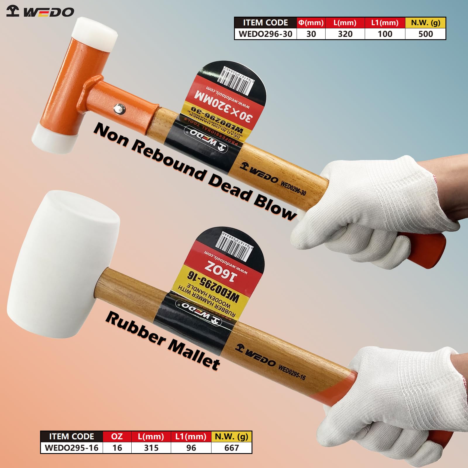 WEDO Juego de martillos de goma de 2 piezas,Mazo de nylon con mango de madera 500 gramos,Mazo de goma,16oz/450 gramos,Mazas en Goma Profesional anti vibraciones