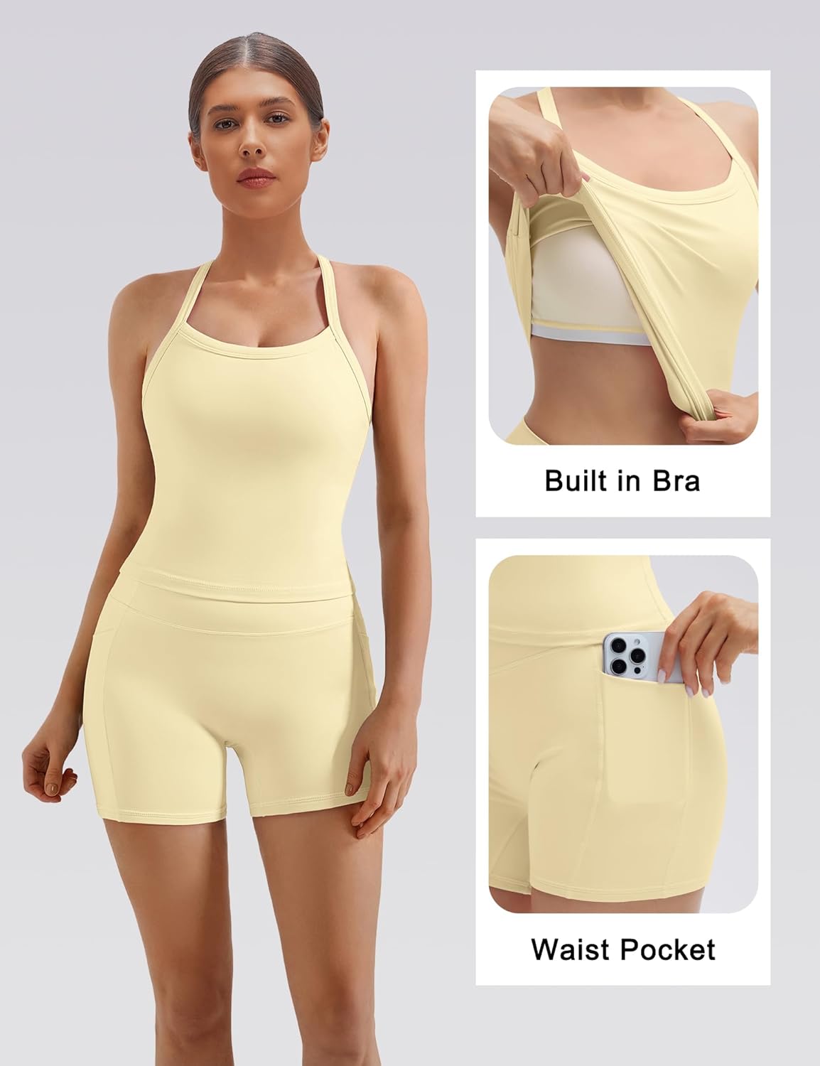 SUUKSESS Women 2 Piece Workout Sets High Waisted Biker Shorts with Pockets Built in bra Racerback Tank Tops - Image 2