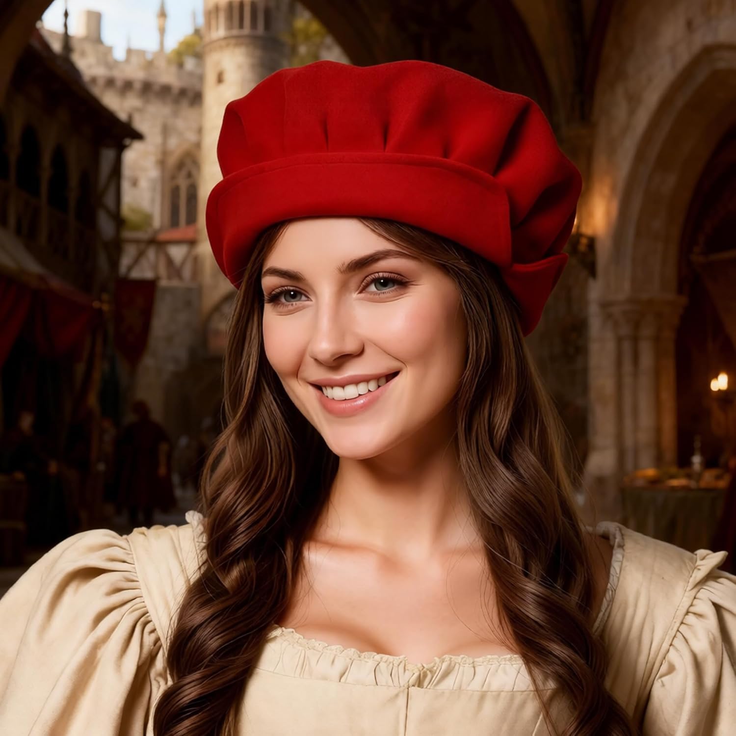 Medieval Tudor Flat Renaissance Fair Beret Hat Cosplay Costume Accessories for Women Men - Image 3