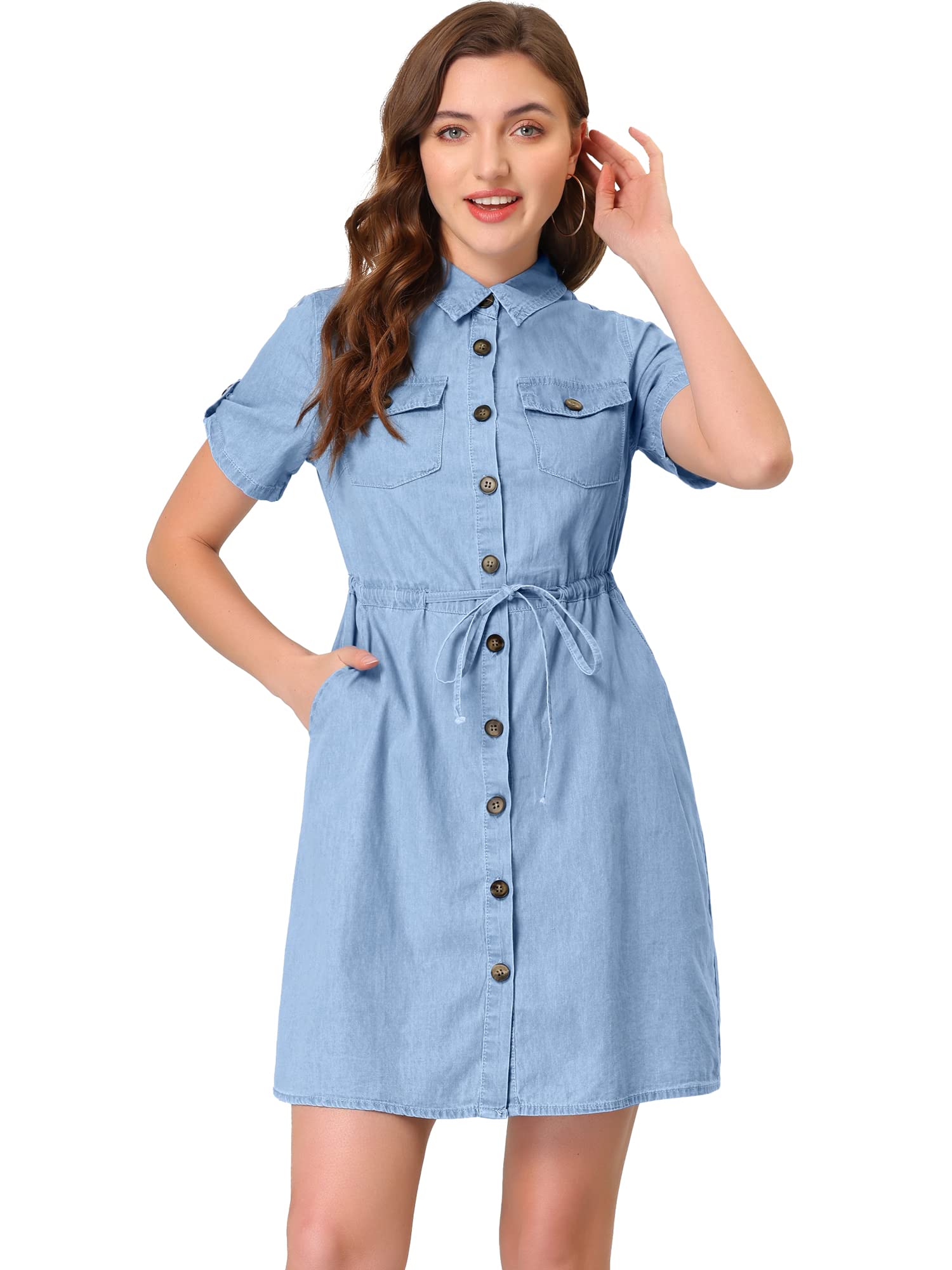 Allegra K Women's Jean Dress Short Sleeve Tie Waist Casual Button Down Shirt Denim Dresses