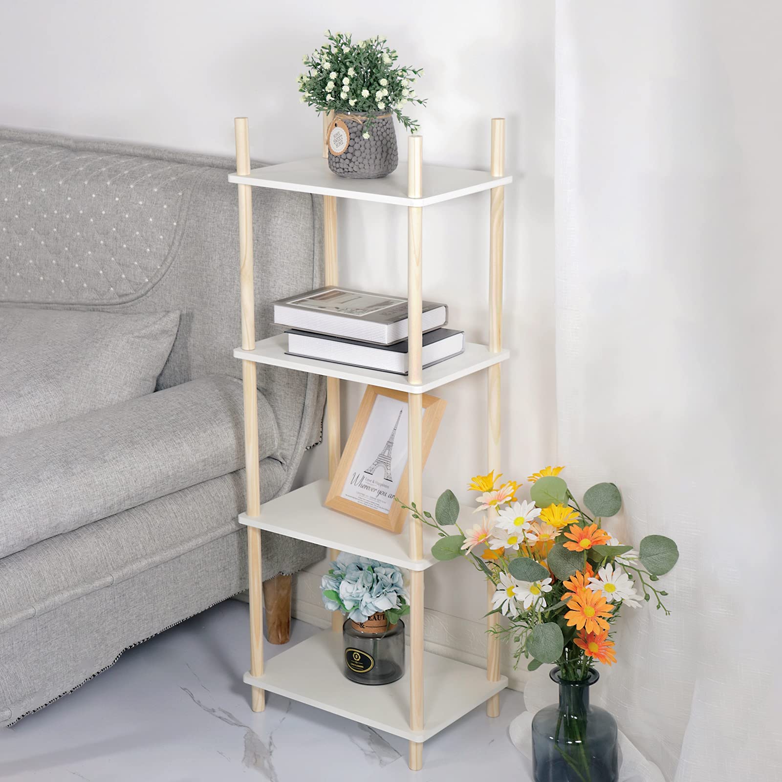 LITA White Wood Modern Side Table, End-Table Storage Plant Stand for Bedroom, Living Room (4-Tier-Rectangle)