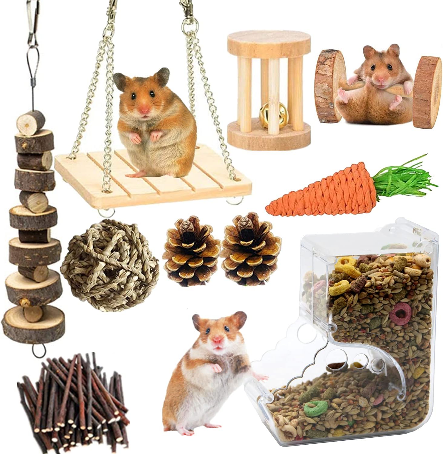 ELIVER Hamster Food Feeder, Chew Toys Set Natural Wooden Exercise Accessories Teeth Care Molar for Guinea Pig Rats Gerbils…