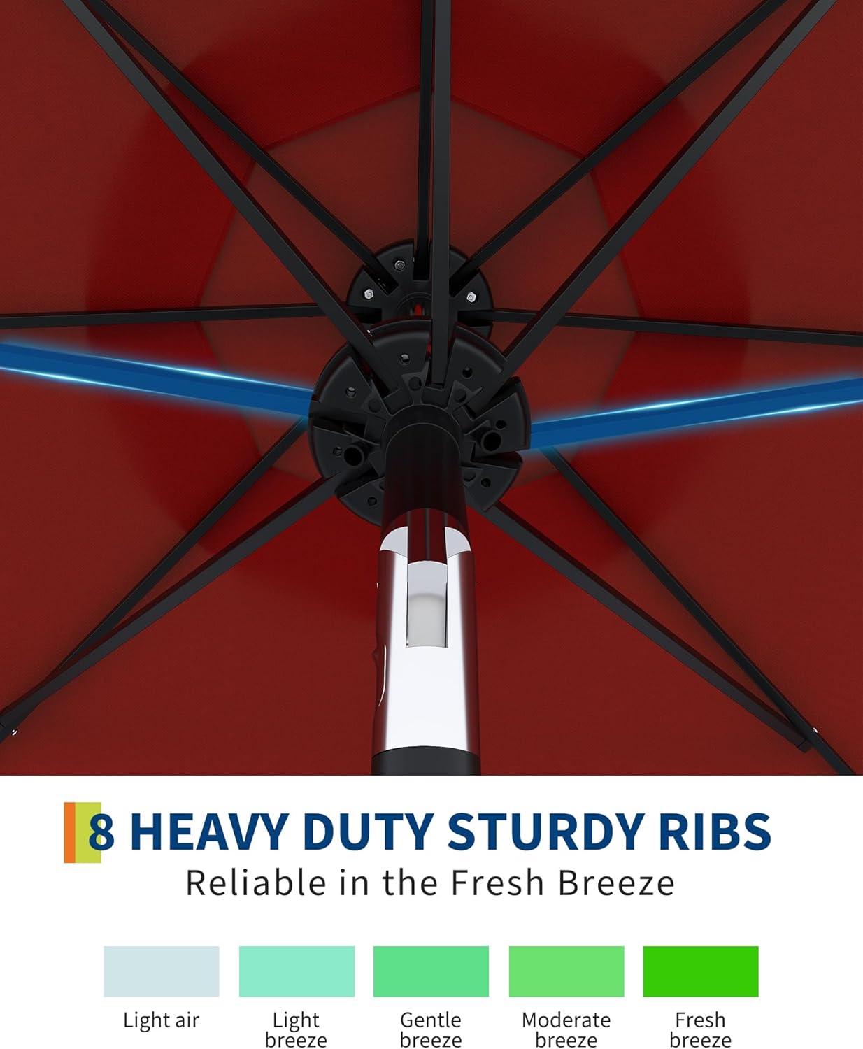 GarveeLife 10 ft Patio Umbrella with Solar Lights, 8 Ribs Outdoor Market Table Umbrella with 40 LED Lights & Tilt Crank for Pool, Deck, Backyard, Red - Image 4