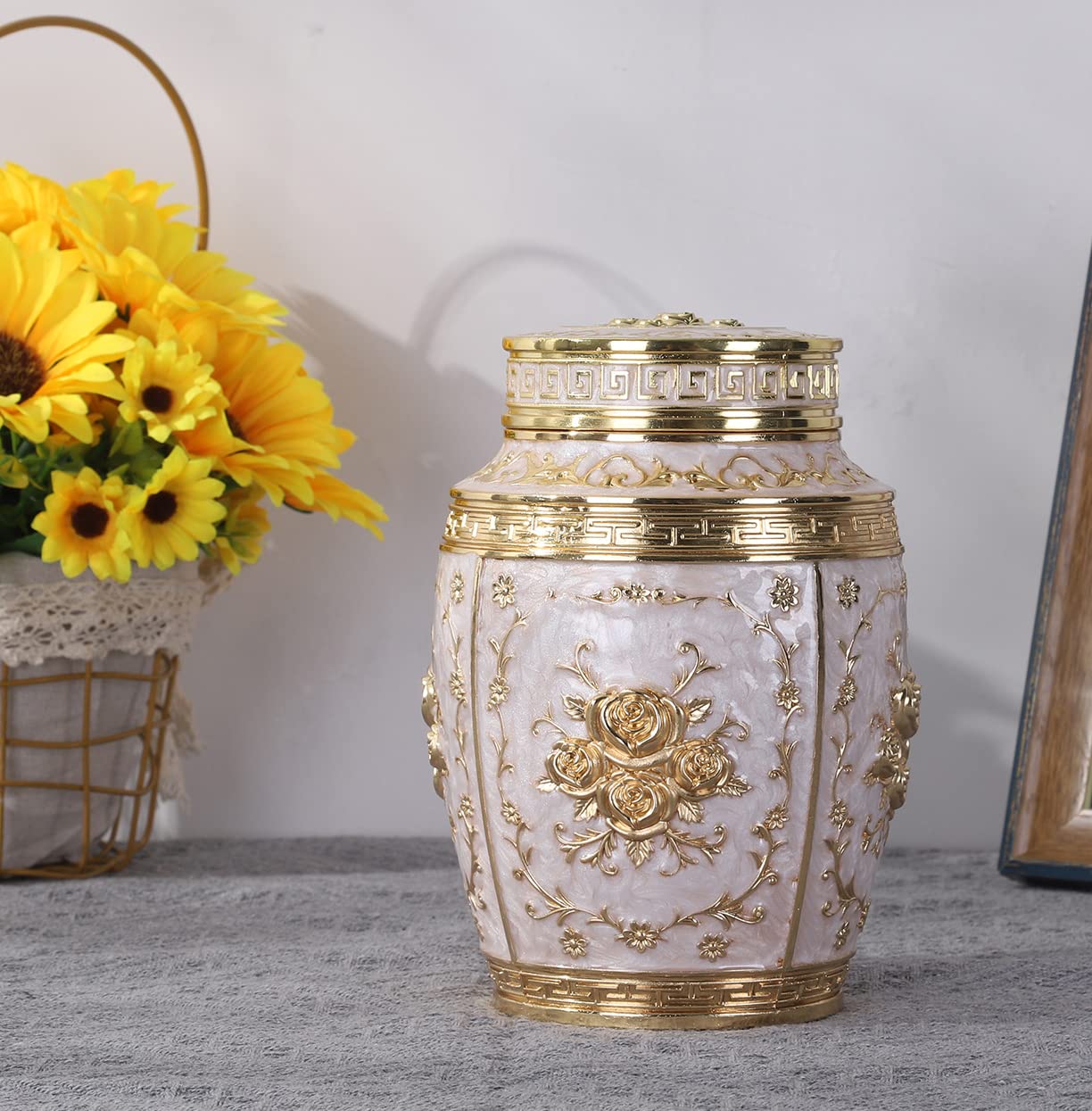 Urna mediana para cenizas humanas, urna de cremación de flores de rosa, hermosas urnas de recuerdo, urna funeraria hecha de aleación de zinc, capacidad para 70 pulgadas cúbicas de cenizas, adecuada
