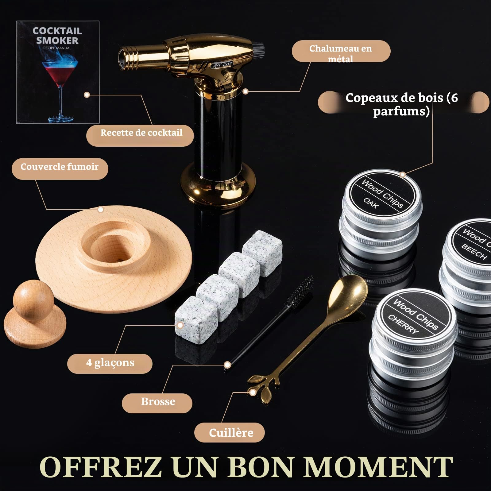 Kit Whisky Smoker – Coffret Old Fashioned Cocktail avec 6 copeaux de bois, 4 pierres à whisky en granit, brûleur & accessoires pour amateurs de cocktails et de whisky (sans Butane)