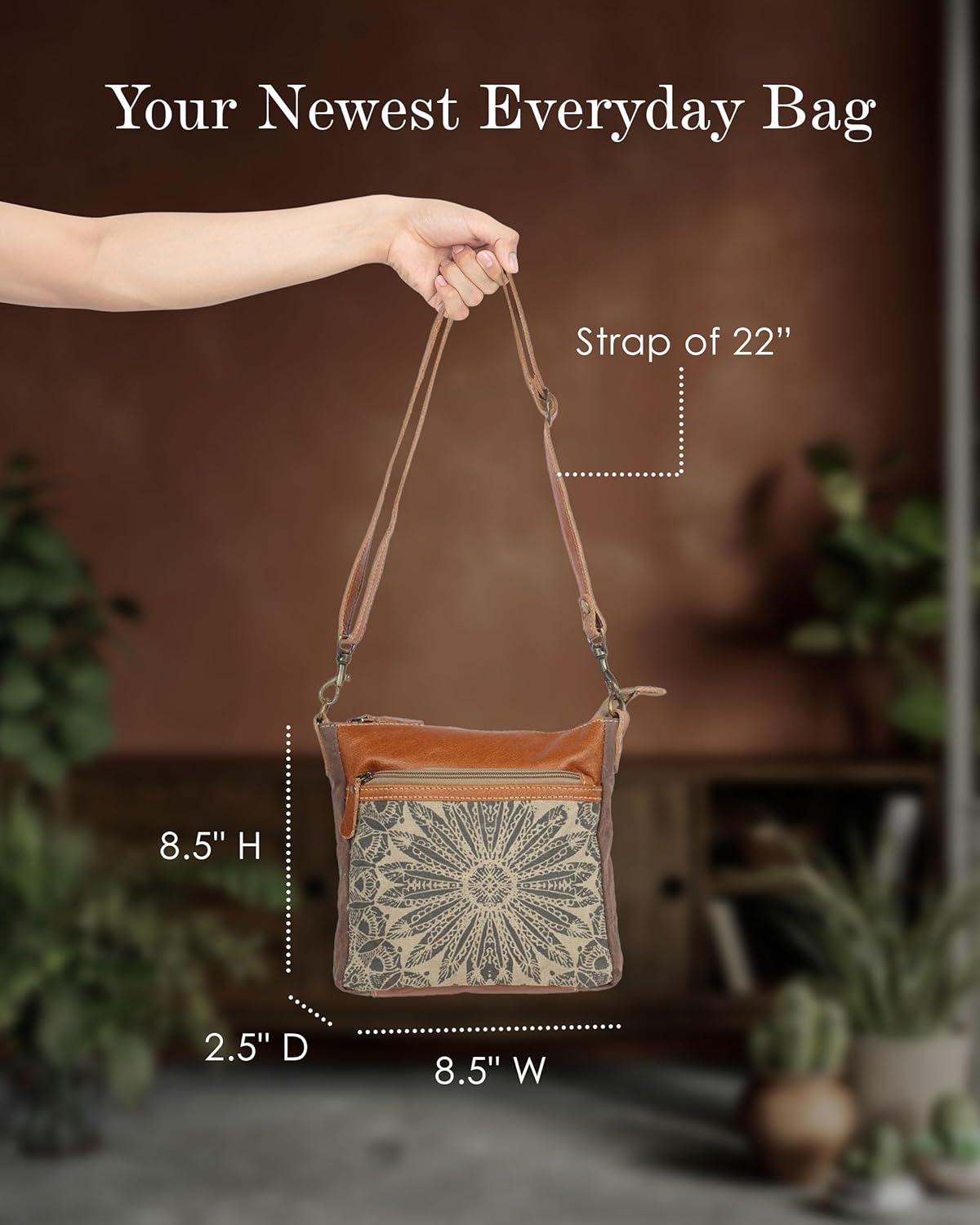 Myra Bag Boho Purses for Women - Canvas Bag with Buffalo Leather Detailing and Geometric Pattern, Boho Handbags for Women - Image 2