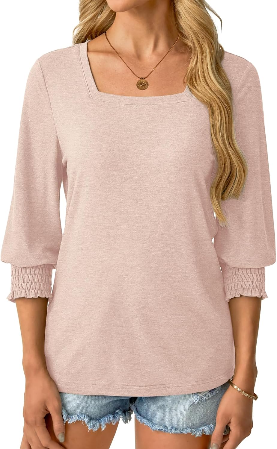 Womens 3/4 Sleeve Shirts Square Neck Dressy Casual Blouses Spring Summer Smocked Cuffs Tops - Image 2