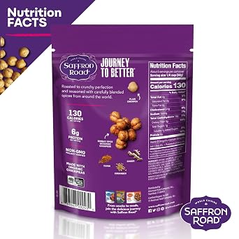 Saffron Road Roasted and Crunchy Bombay Spice Chickpeas | High Protein Snacks | Gluten-free | Vegan High Fiber Snacks | Certified Halal and Kosher | 5.4oz Pouch | Pack of 6
