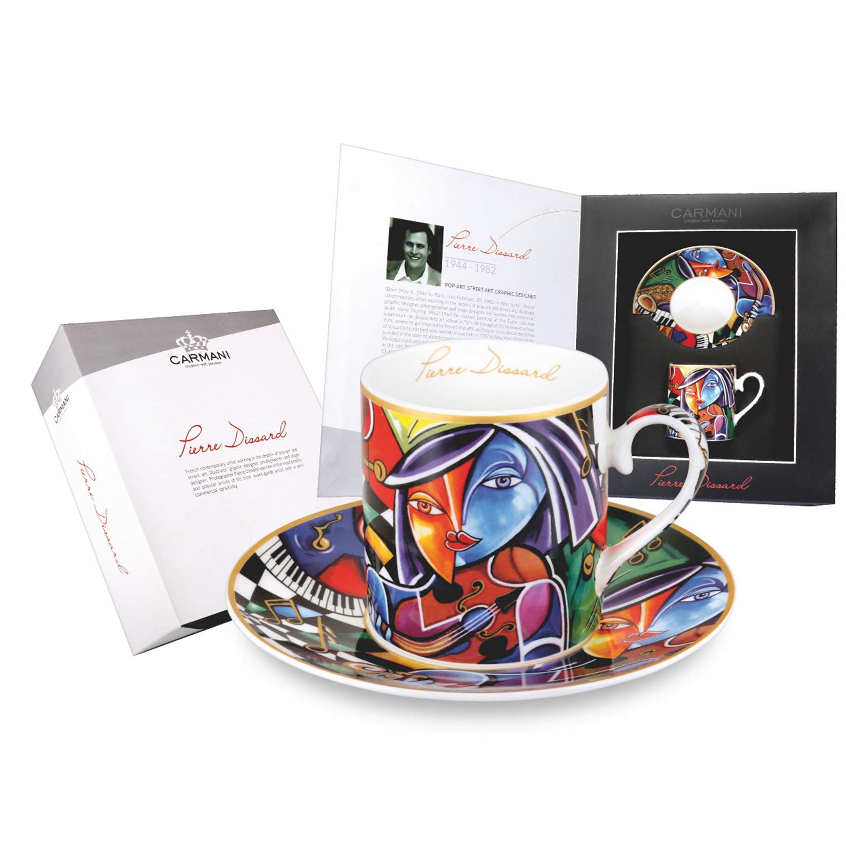Carmani White - Tea Cup And Saucer, Fine Bone China, With Pierre Dissard Painting 250Ml