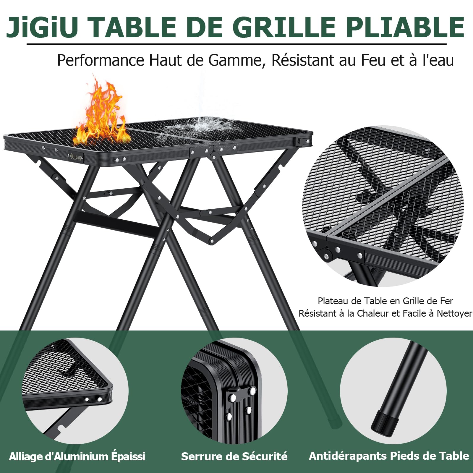 JiGiU Table de Camping Pliante 60x40x24,5/47,7/71 cm, 3 Hauteurs Réglables | Structure X Stable, Plateau en Grille Métallique, Table de Pique-Nique Portable pour Jardin, Terrasse, BBQ- Noir