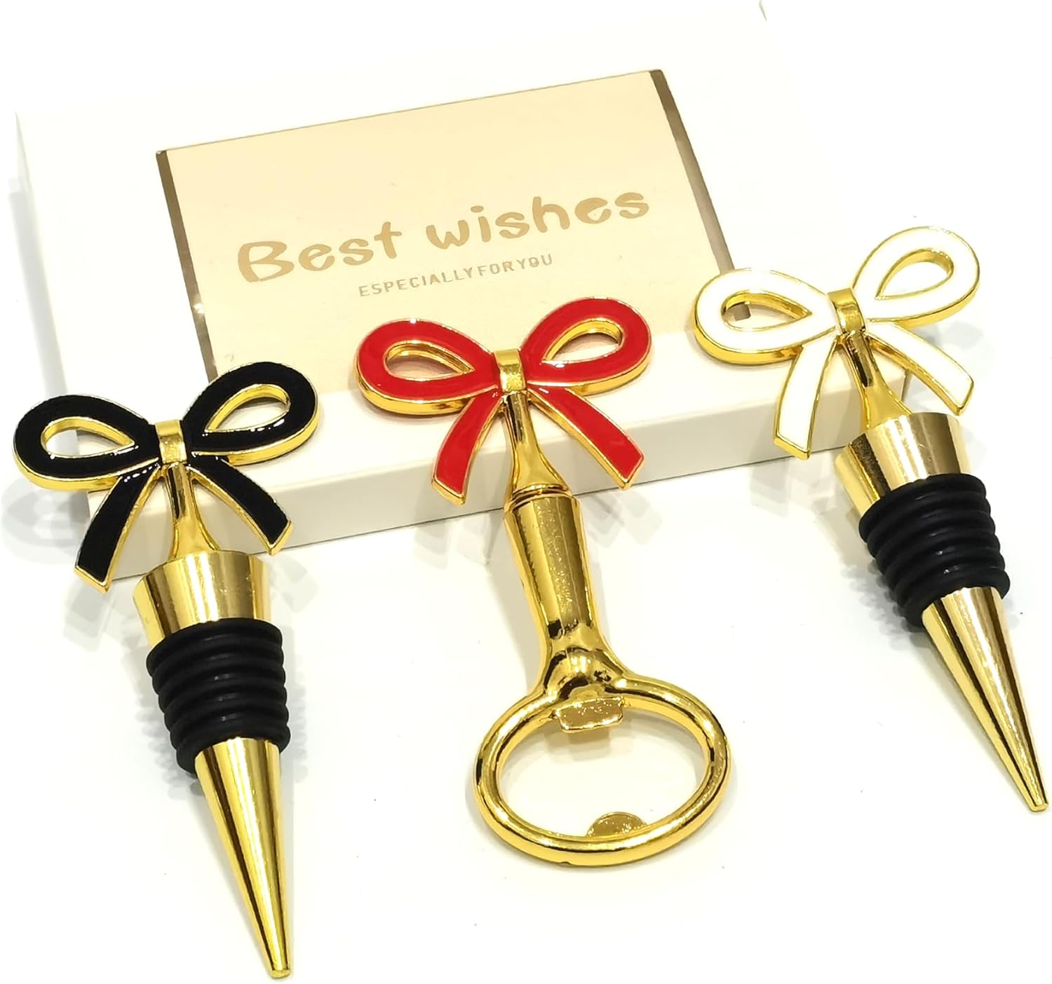 Bow Wine Stoppers for Wine Bottles 3 Packs - Golden Bowtie Stopper Bottle Set - Black, White, Pink Festive Bow for Wine Topper, Holiday, Festival, Banquet, Wedding Table Decoration