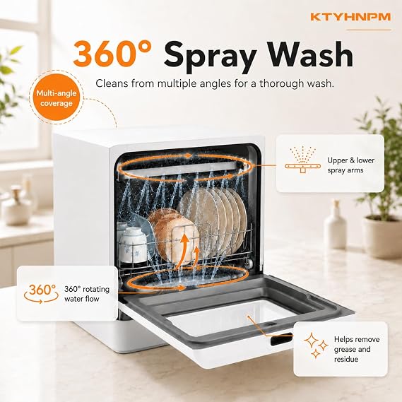 Countertop Dishwasher 800W Portable Mini Dishwasher 6.8L/1.8 Touch Controls Gallon Portable Dishwasher Countertop with 360 Rotating Spray for Apartment RV Dorms