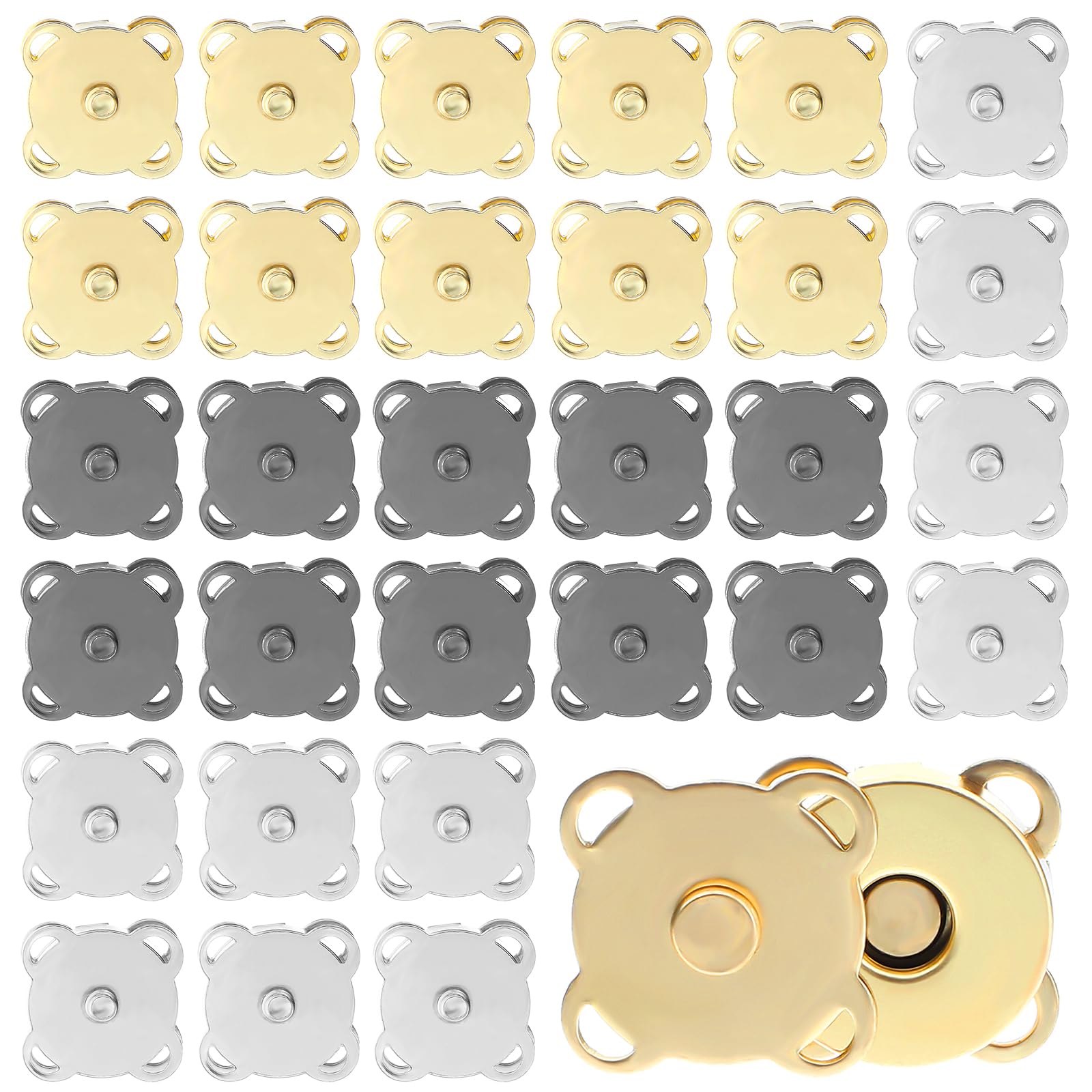 Gjinxi 30 Sets Magnetic Snaps, Plum Blossom Magnet Buttons Metal Snap Buttons Closure Clasps Fastener for Clothes Purses Bag Leather Handbag Scrapbook Homemade Sewing Craft (Black+Gold+Silver)