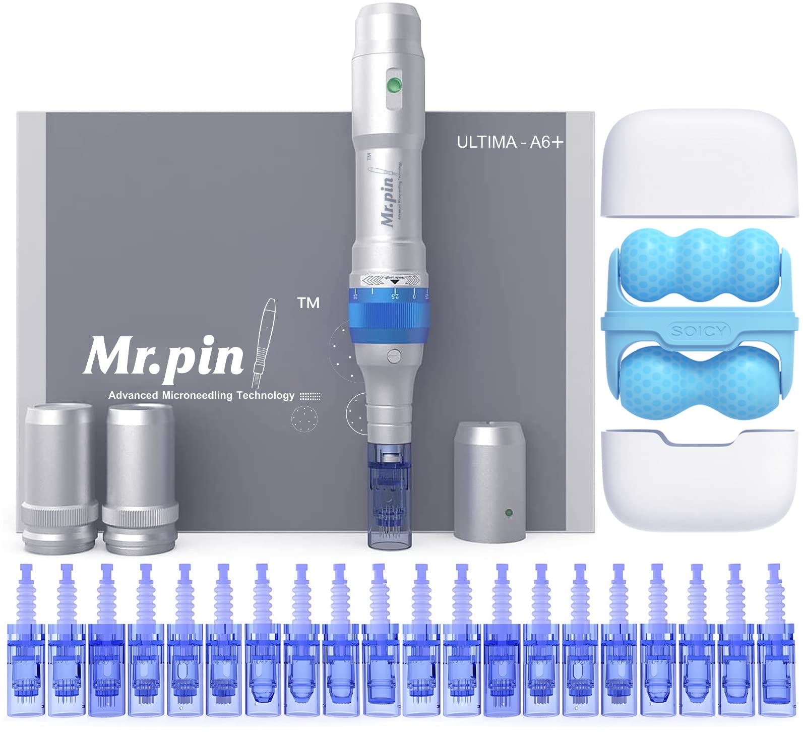 Mr.Pin Original Derma pen Mr.Pin A6 Plus with 20pcs Assorted Cartridges and Ice Massage Wheel - For Skin Care, and Hair care