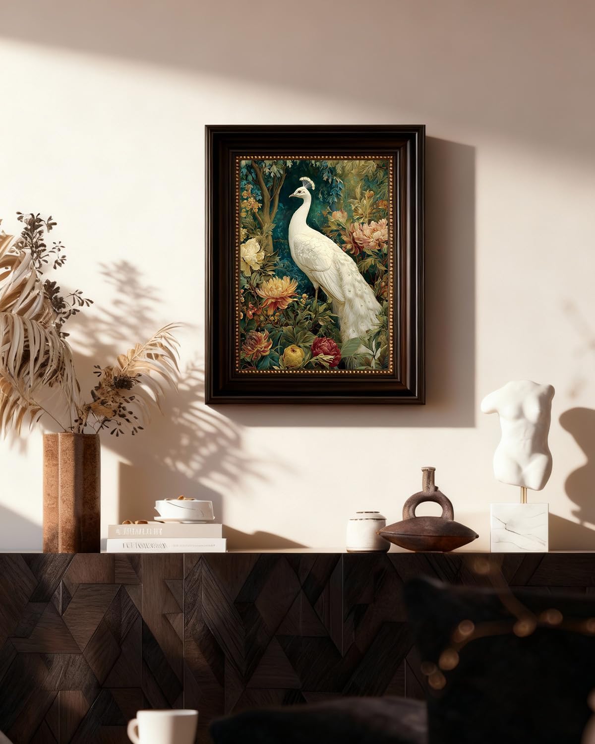 VIYYIEA Large Dark Cottage Nature Wall Art for Living Room,16x20in,Peacock & Floral Artwork Brown Framed, Whimsical Vintage Moody rustic Wall Decor for Library Study, Sandstone Textured Painting