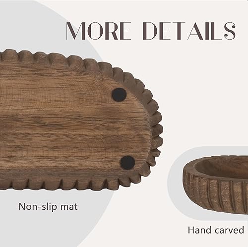 Vista 3 de Oakrain Cuenco decorativo de madera para decoración del hogar, cuenco de masa rústico de 16 pulgadas con rayas verticales talladas a mano, bandeja