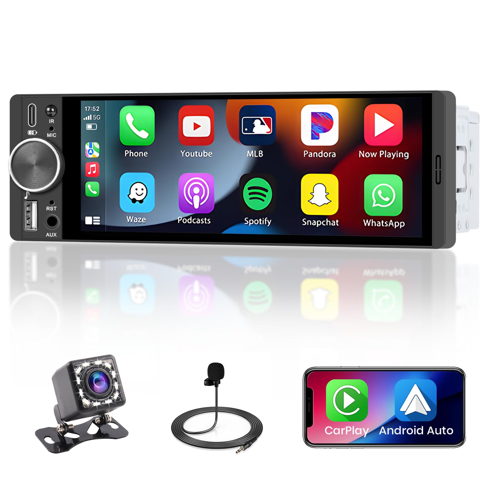 Autoradio 1 DIN con Carplay Wireless & Android Auto, Roinvou con Schermo 6.28" - Telecamera Retro, FM, Bluetooth, EQ, Vivavoce, Aux/USB/Type-C, Comandi al Volante, Mirror Link