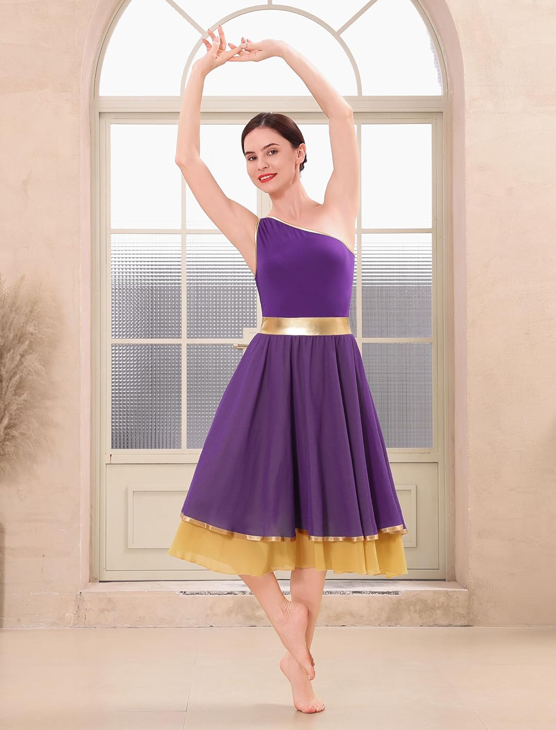 IDOPIP Metallic Color Block Praise Dance Overlay Dress for Women Asymmetrical One Shoulder Worship Tunic Liturgical Dancewear - Image 3