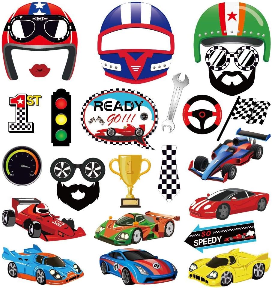Race Car Photo Booth Props with Stick,Go Speed Selfie Props,Traffic First Birthday Party Supplies,Race Car Decor Theme Backdrop Decorations(25pcs)
