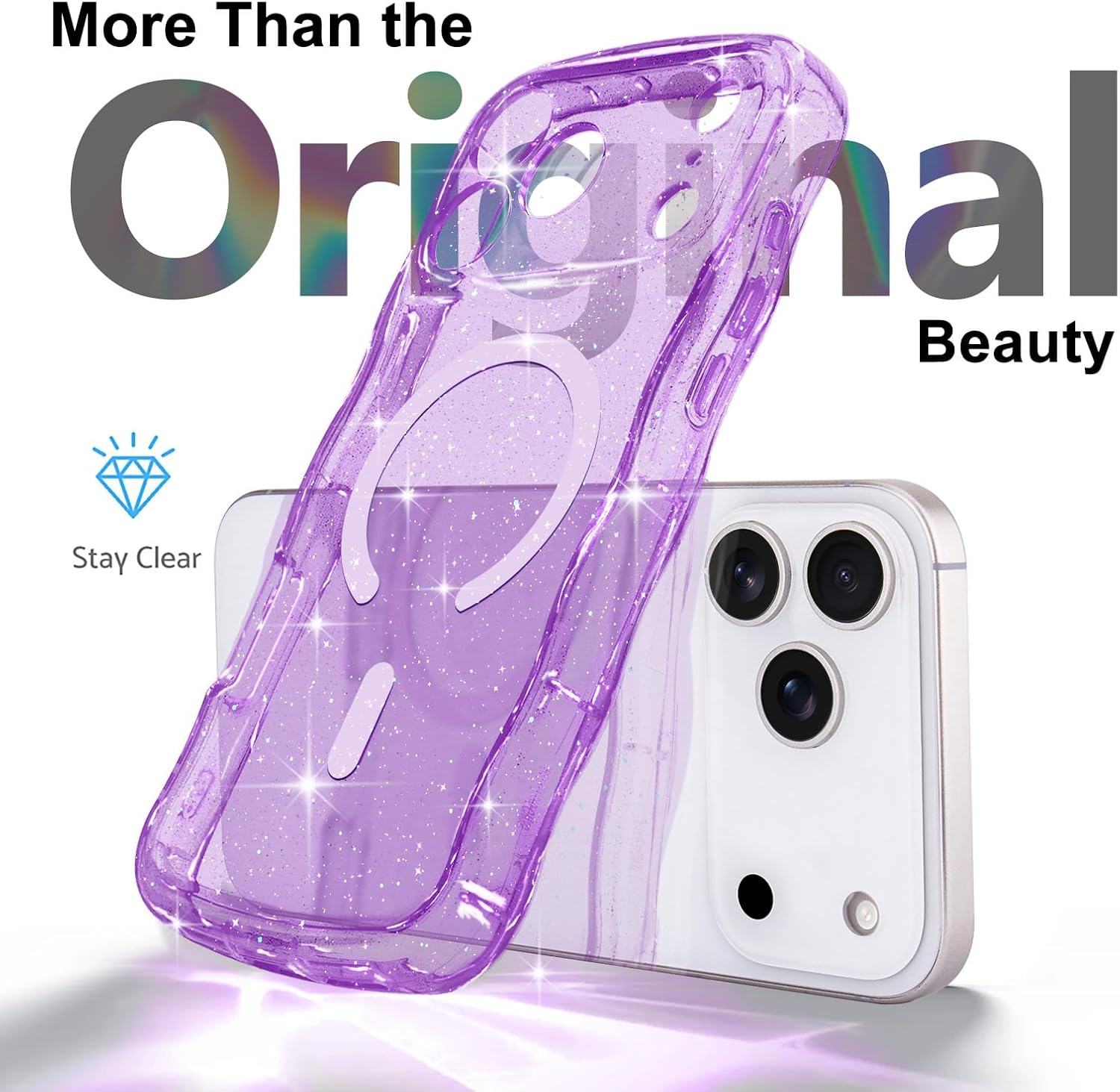 Magnetic for iPhone 17 Pro Max Case Clear, Sparkly Bling Glitter Cute Curly Wave Cover for Women Men Compatible with MagSafe TPU Shockproof Protective Phone Case for iPhone 17 Pro Max, Purple - Image 3