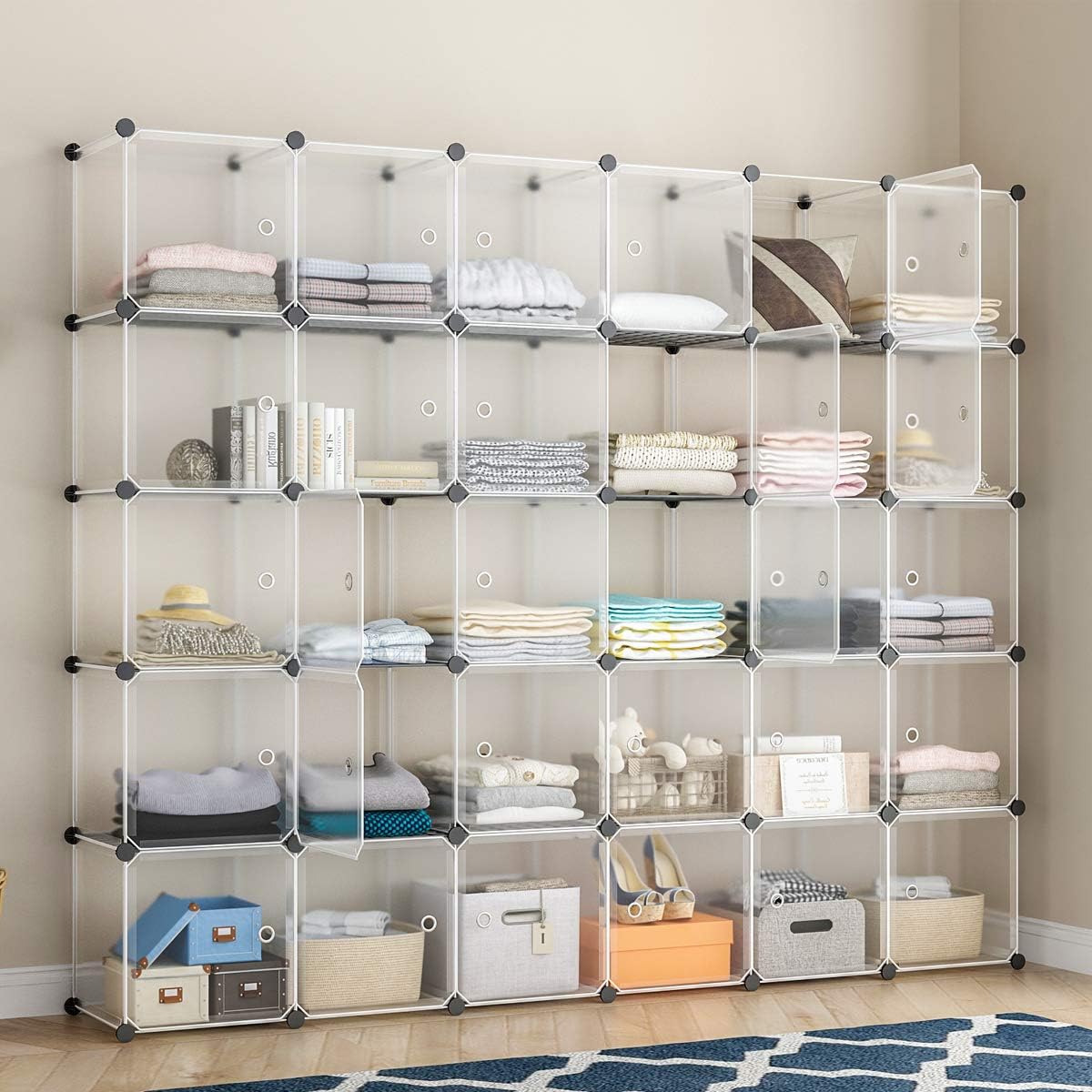 KOUSI Portable Storage Cubes-14 x14 Cube (30 Cubes)-More Stable (add Metal Panel) Cube Shelves with Doors, Modular Bookshelf Units，Clothes Storage Shelves，Room Organizer for Cubby Cube