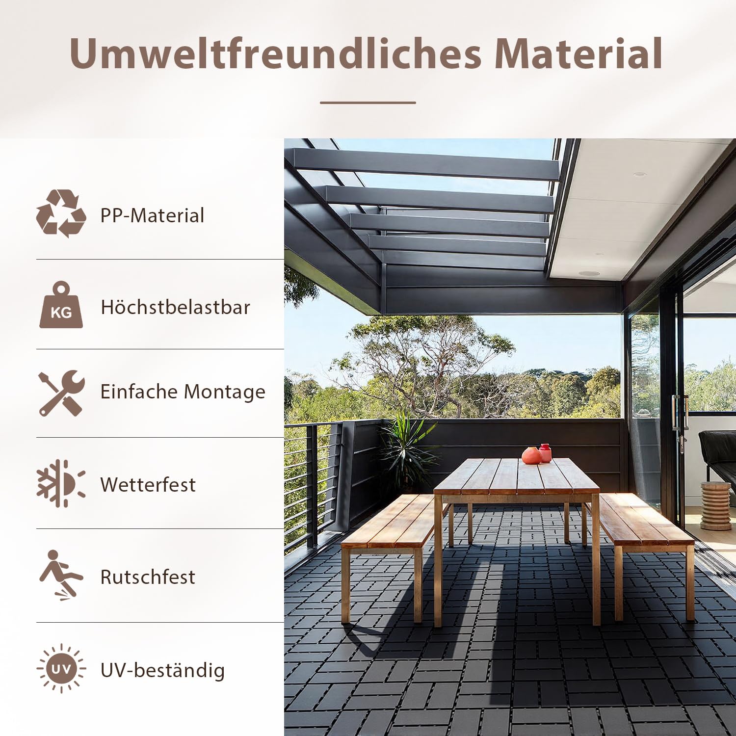 Piastrelle per terrazze, 30 x 30 cm, 22 pezzi, 2 m², per balcone, sistema a incastro a click, in plastica, resistenti alle intemperie, per giardino, balcone, terrazza (antracite)