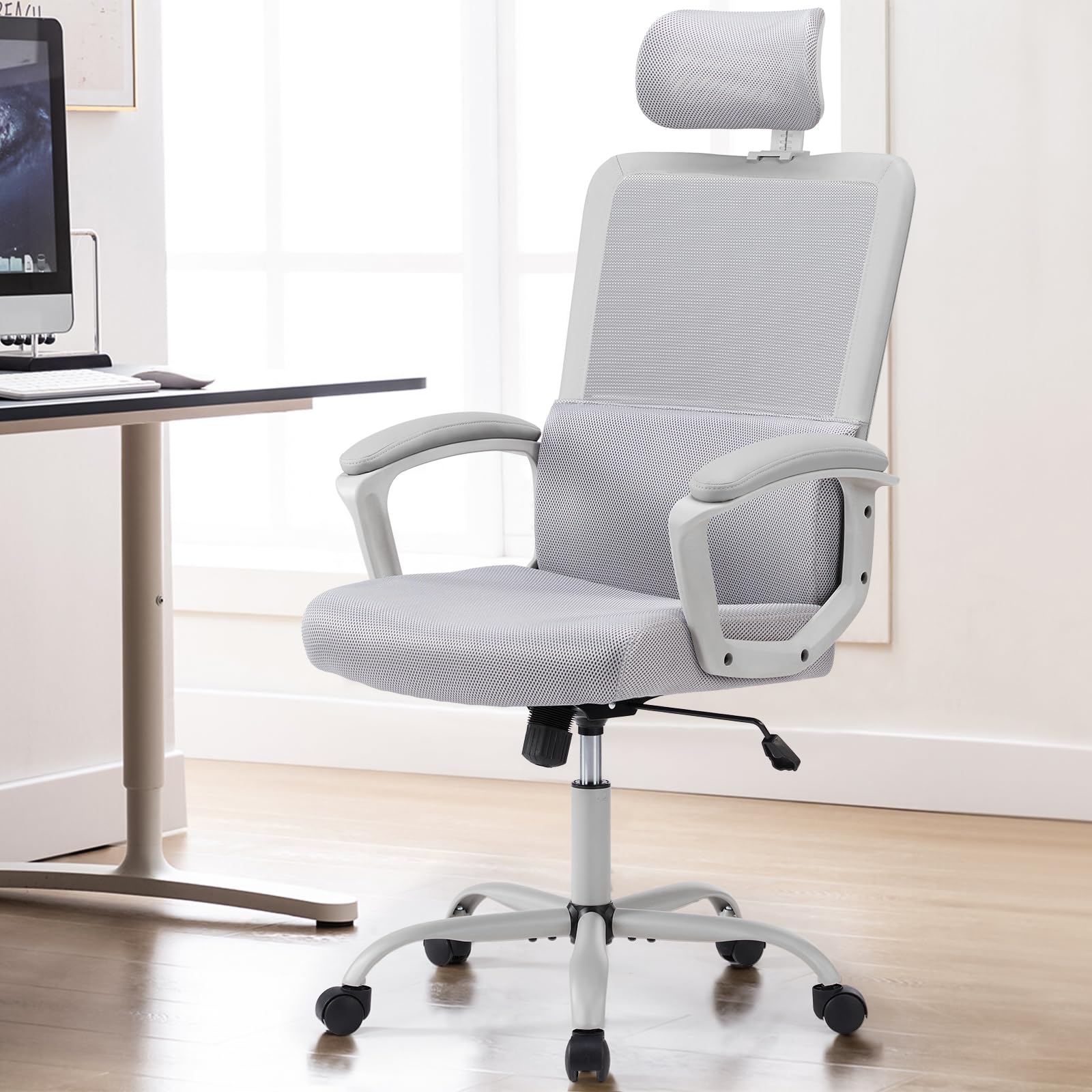 SMUG Office Desk Computer Chair, Ergonomic High Back Comfy Swivel Gaming Home Mesh Chairs with Wheels, Lumbar Support, Adjustable Headrest, Comfortable Pillow,Soft Arms,120°tilt for Bedroom,Study,Grey