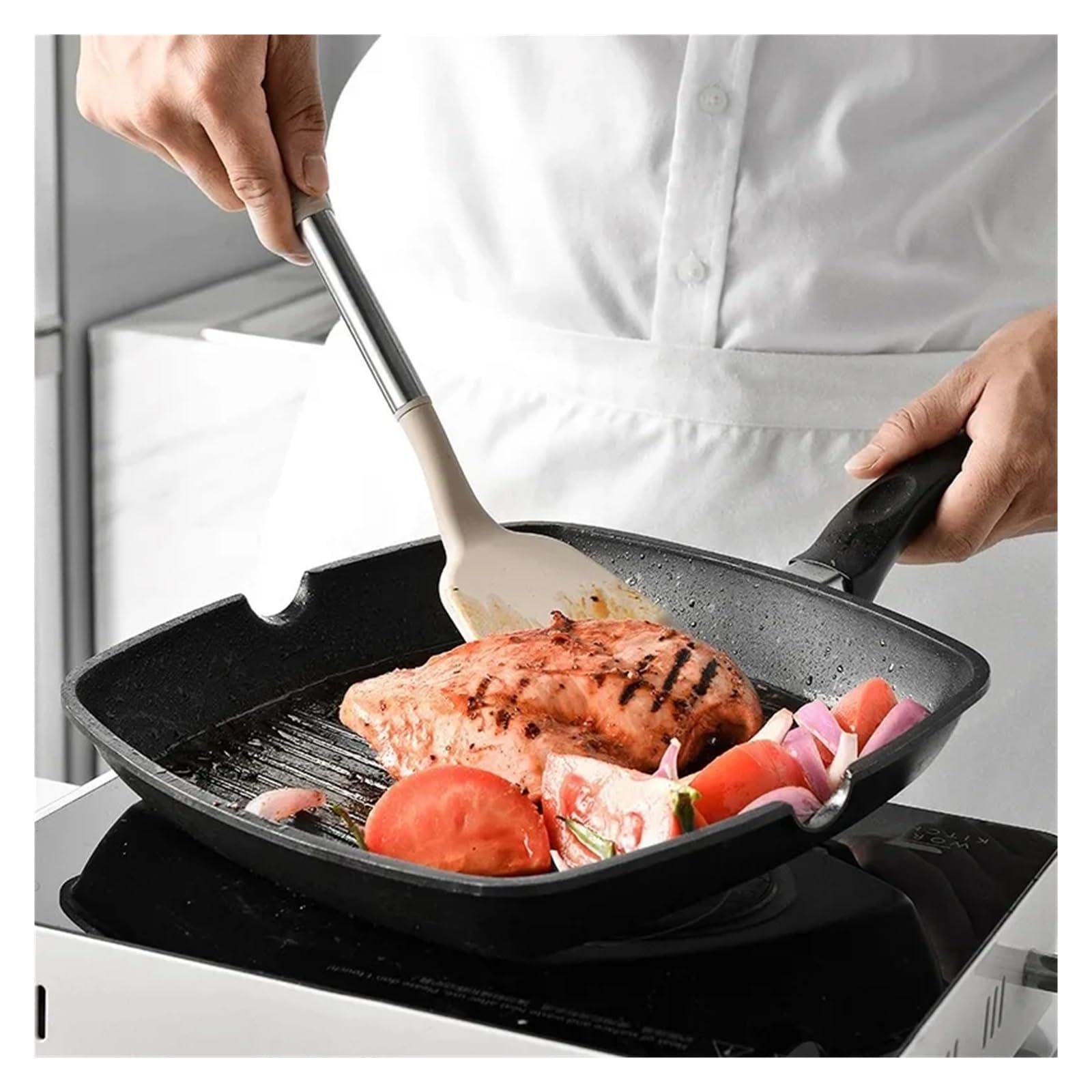 Silikon Küchenhelfer Set 12PCS 360 Grad rotierende Basis Kochwerkzeug-Sets Backen Küchenutensilien Silikon Schaufel Löffel(Black)