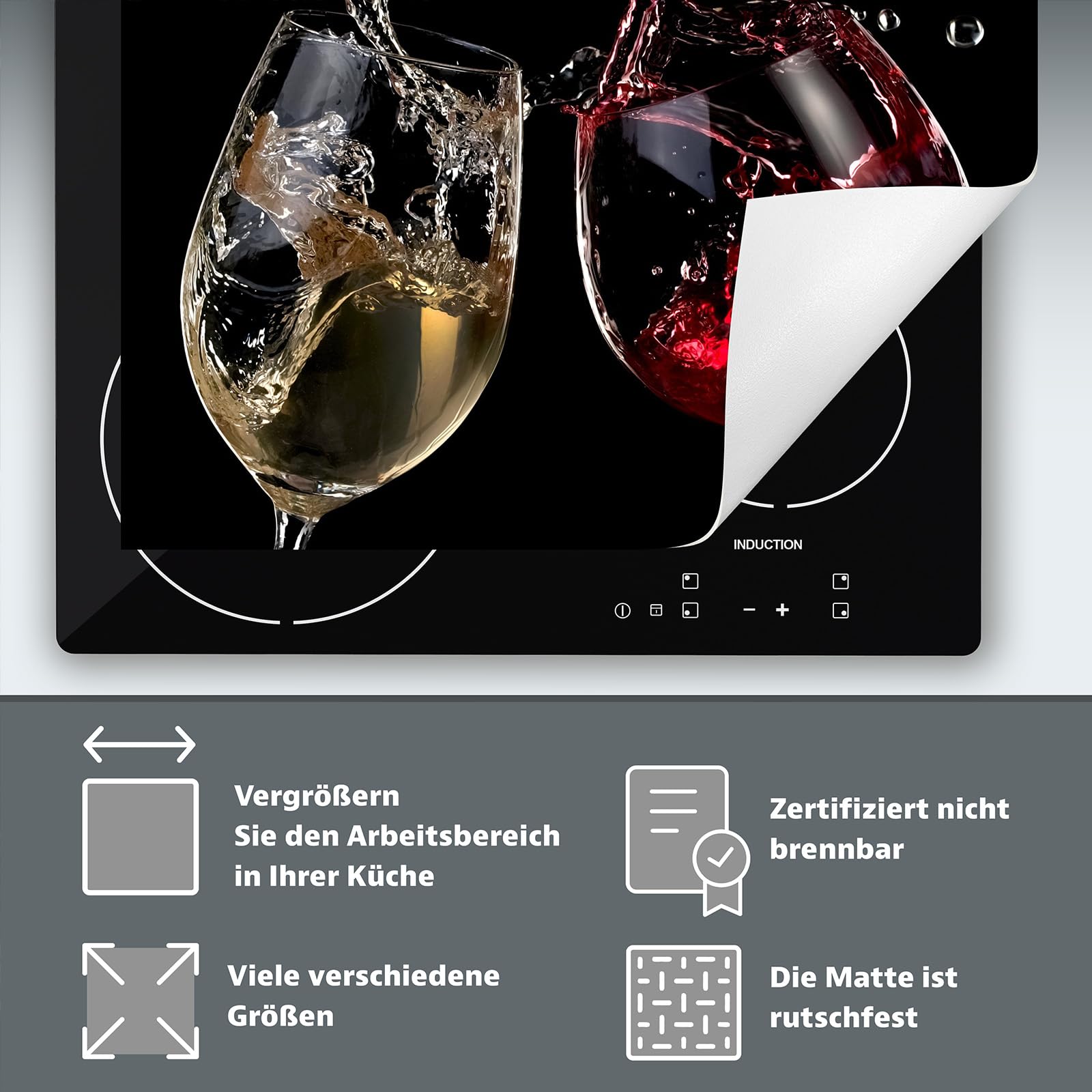 TMK ArtDekoAfdekplaat inductiekookplaat 60x52 cm, Inductie Beschermer, Anti Slip Mat Vinyl, Houten lepel
