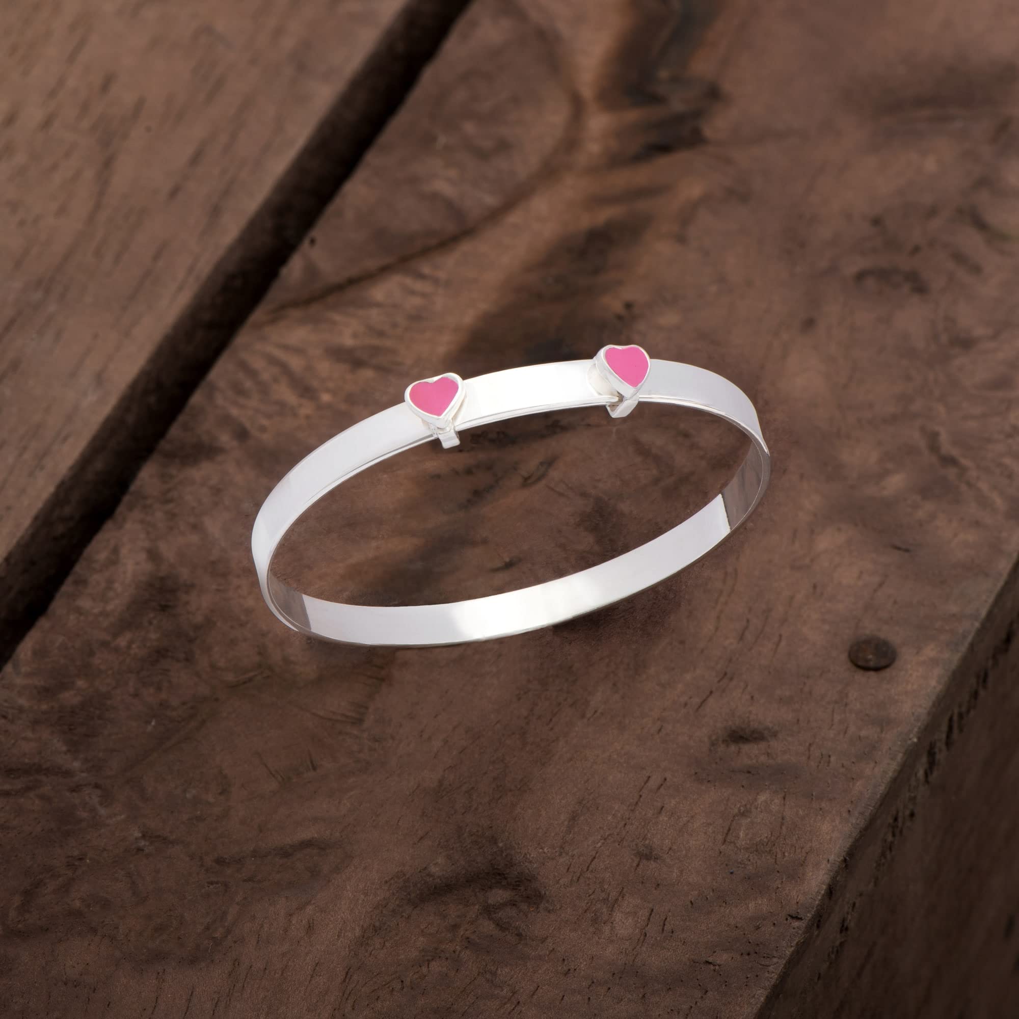Aeon Bracelet extensible bébé argent sterling 925, cœurs émail rose, baptême, coffret cadeau